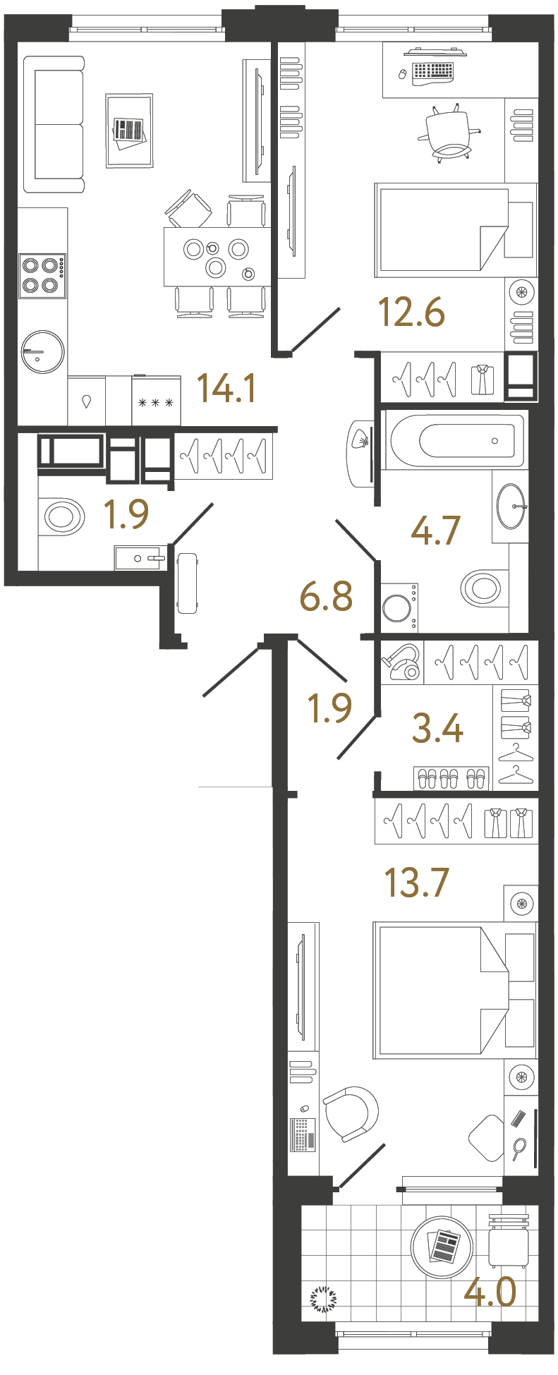 Двухкомнатная квартира 59.1 м²