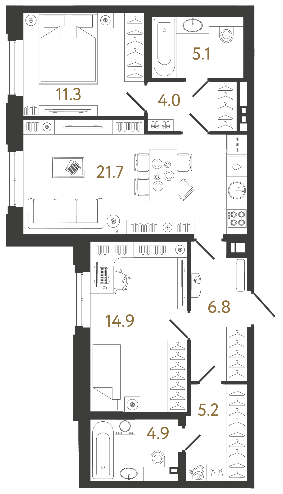 Двухкомнатная квартира 73.9 м²