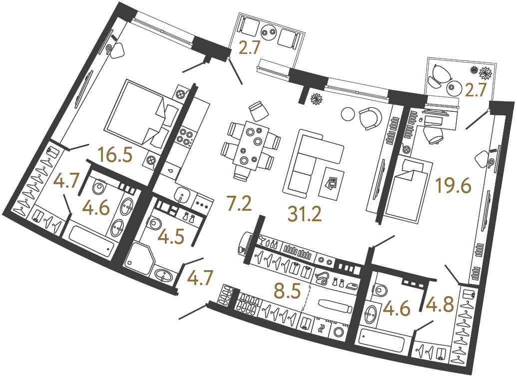 Двухкомнатная квартира 110.9 м²