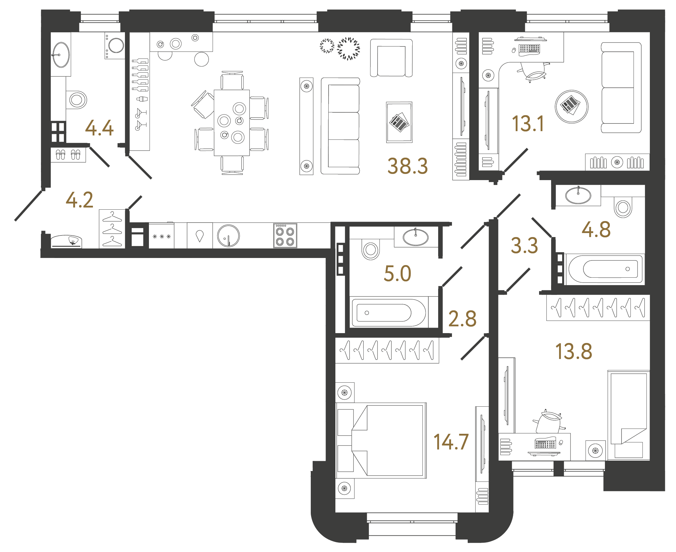 Трёхкомнатная квартира 104.4 м²