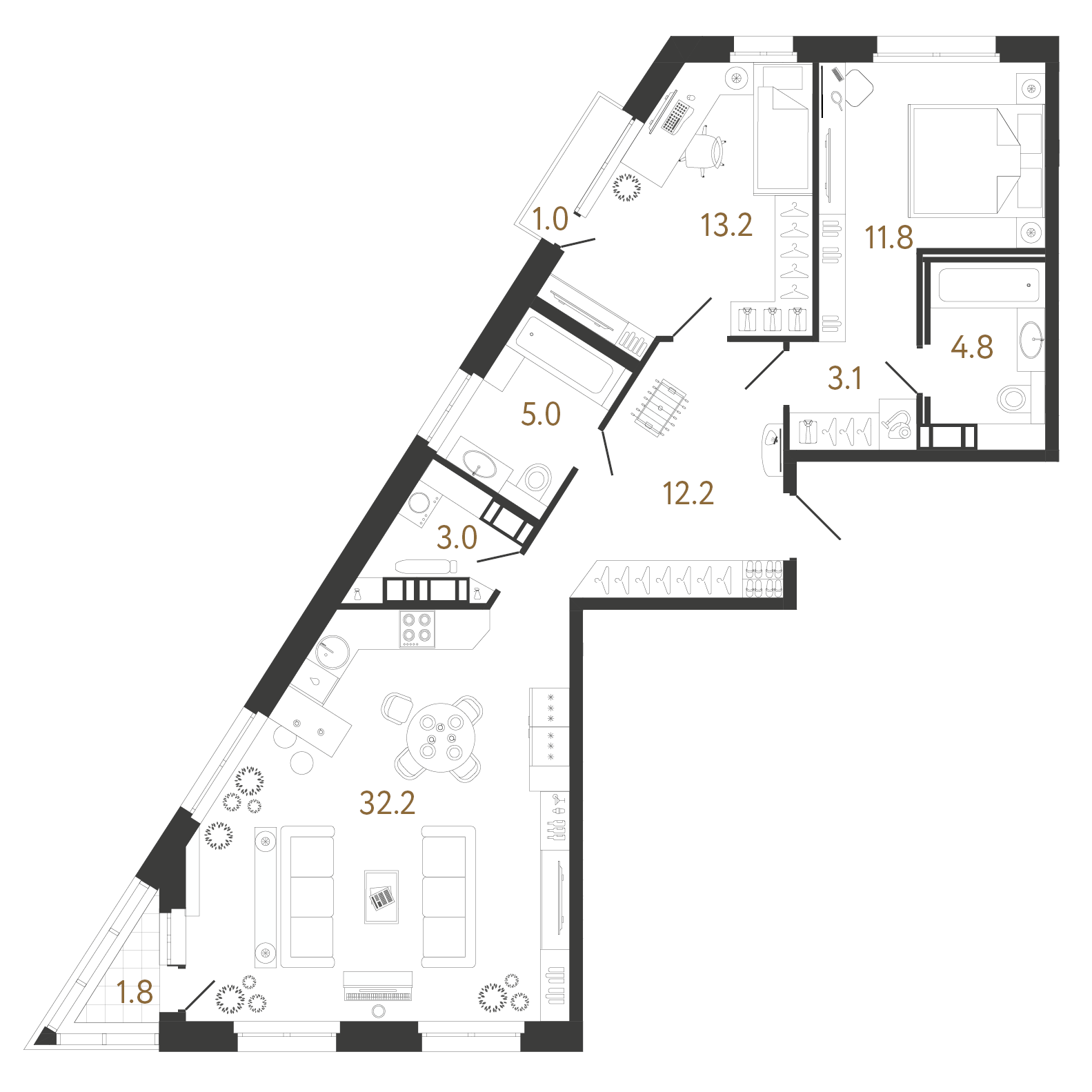 Двухкомнатная квартира 85.3 м²