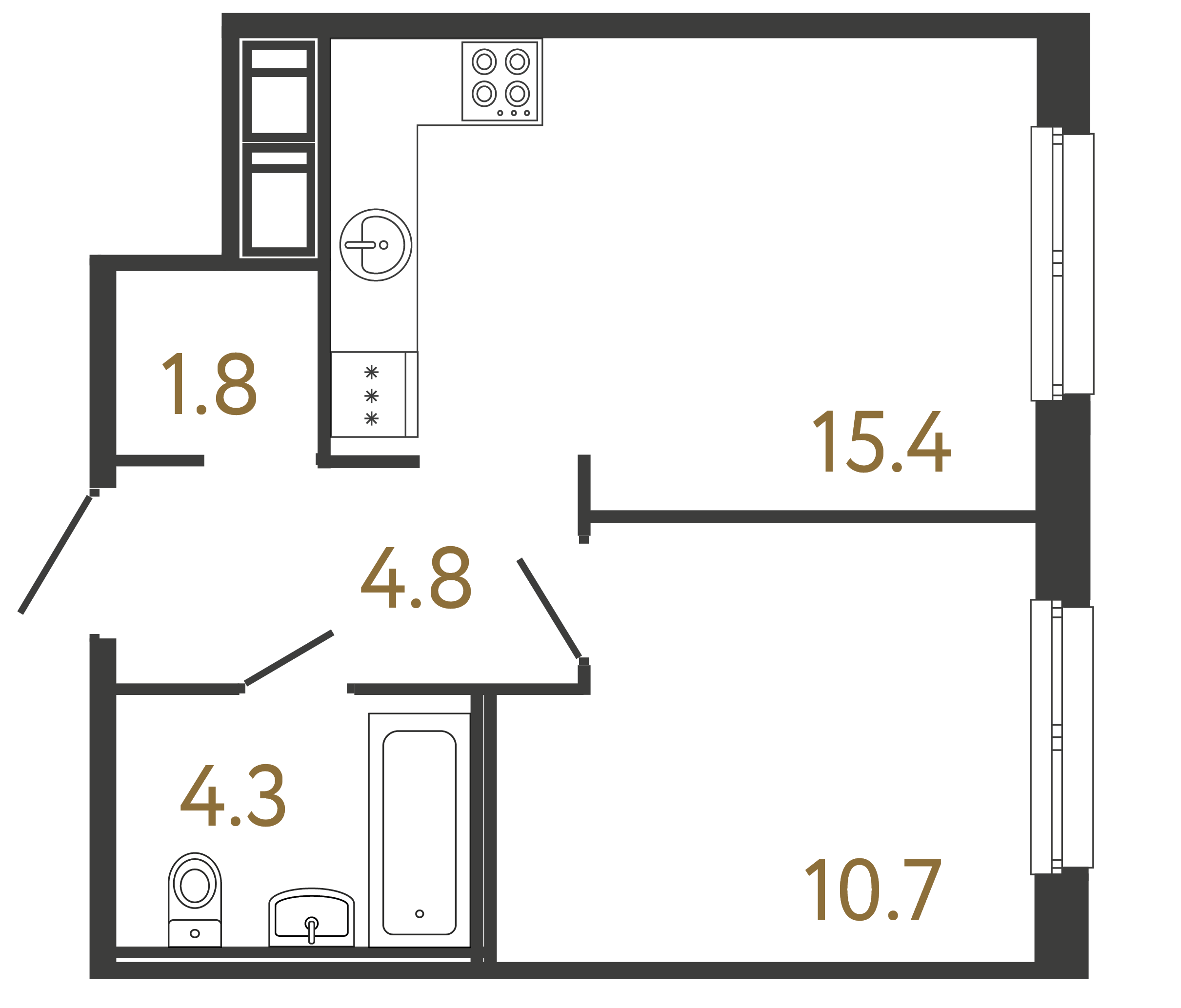 Однокомнатная квартира 37 м²