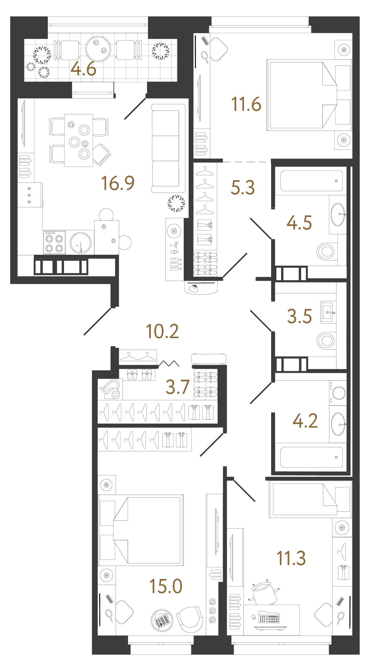 Трёхкомнатная квартира 86.2 м²