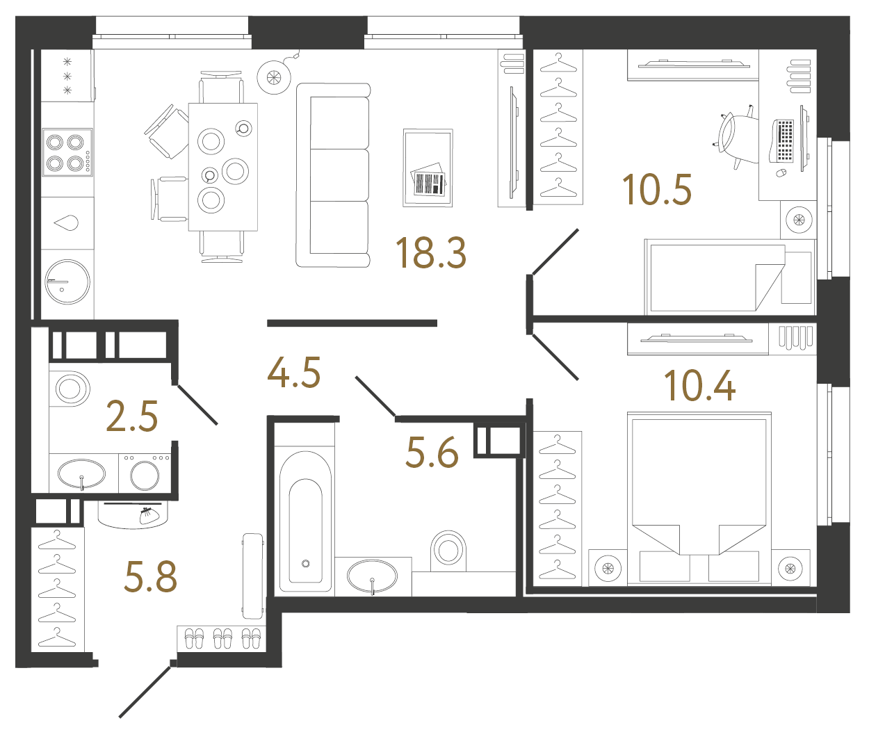 Двухкомнатная квартира 57.6 м²