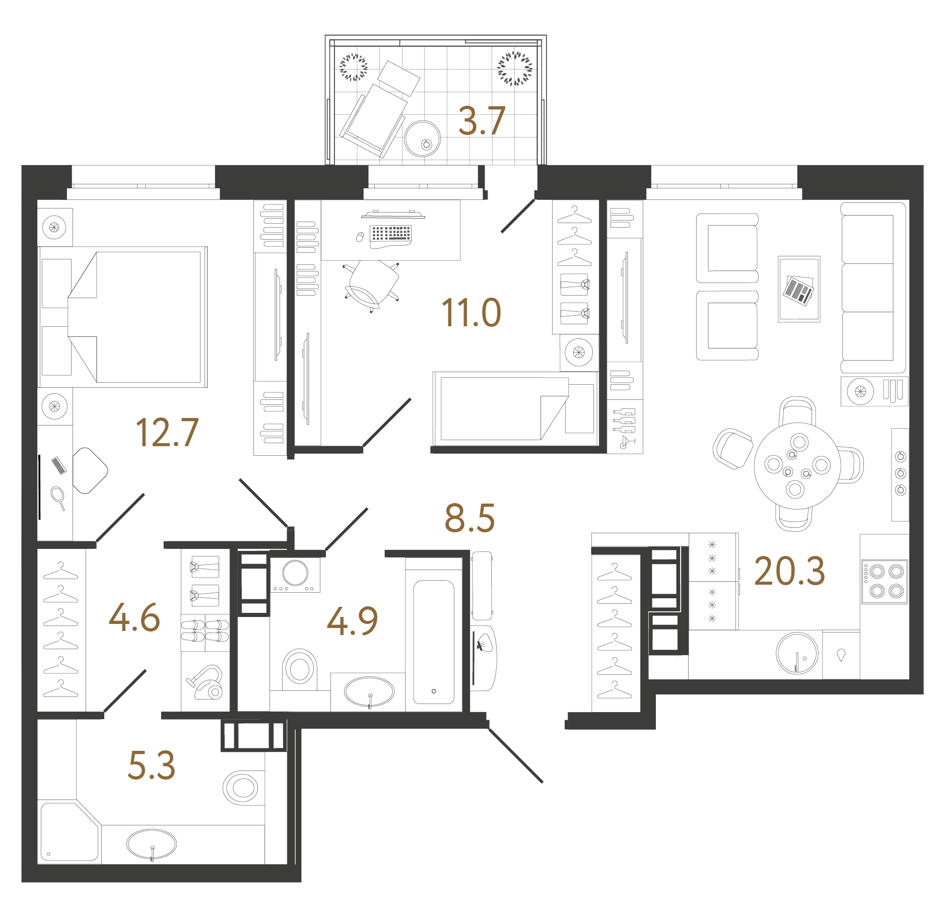 Двухкомнатная квартира 67.3 м²