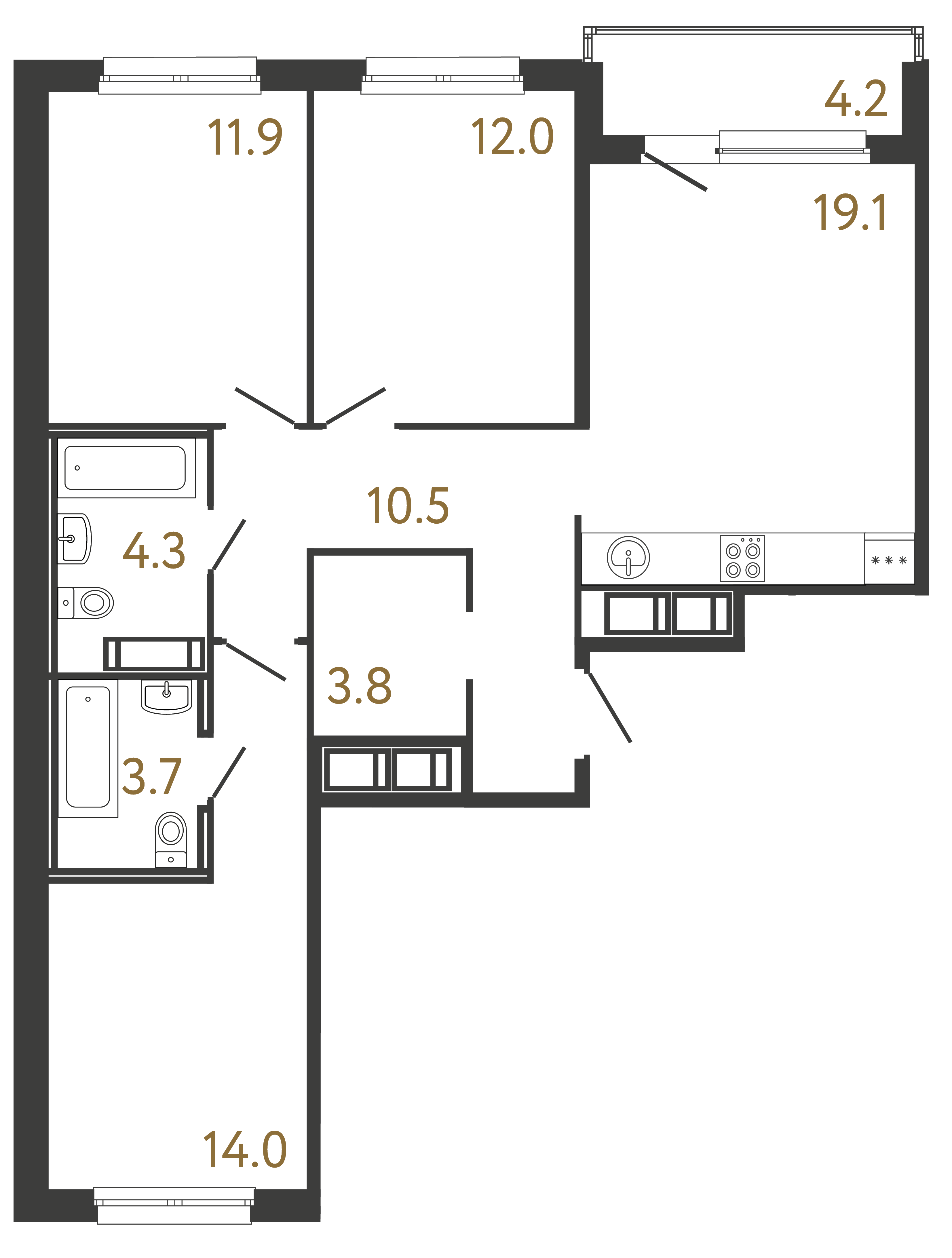 Трёхкомнатная квартира 79.3 м²