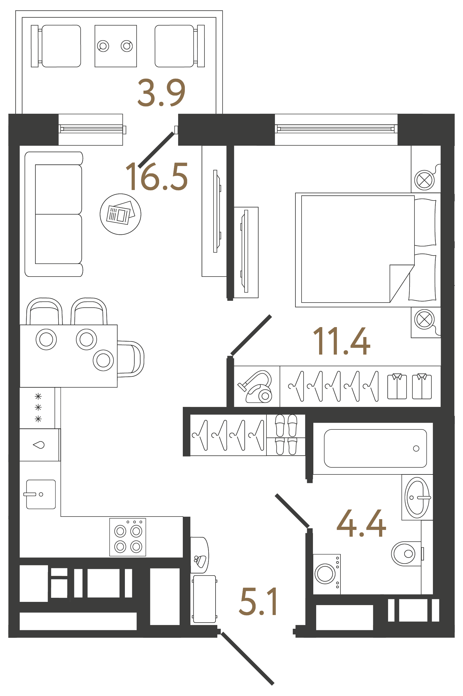 Однокомнатная квартира 37.4 м²