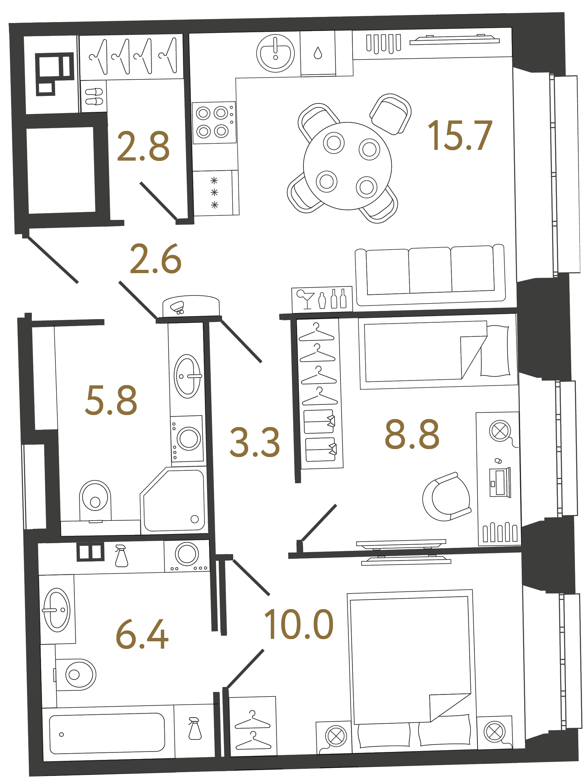 Двухкомнатные апартаменты 55.4 м²