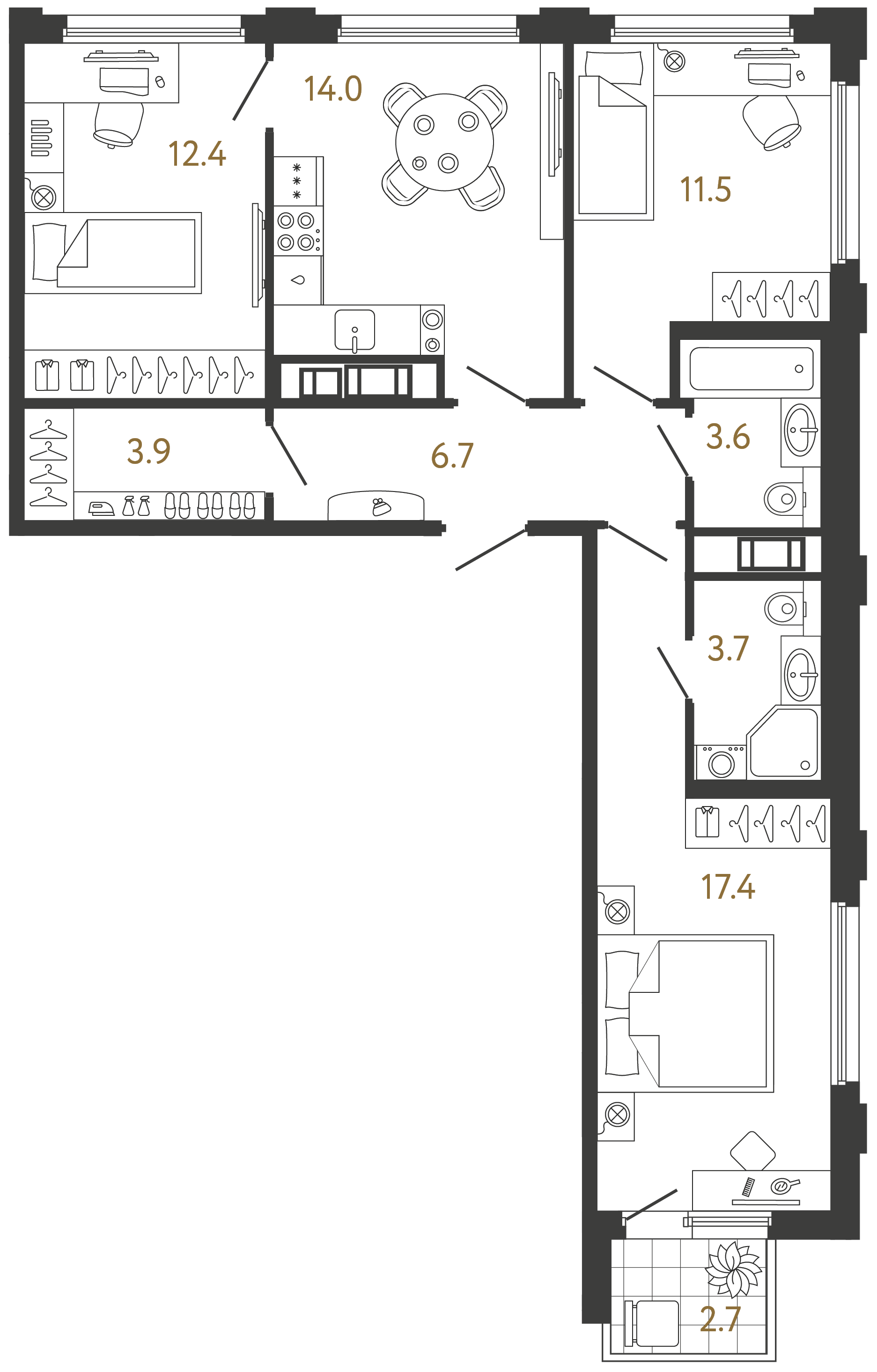 Трёхкомнатная квартира 73.2 м²