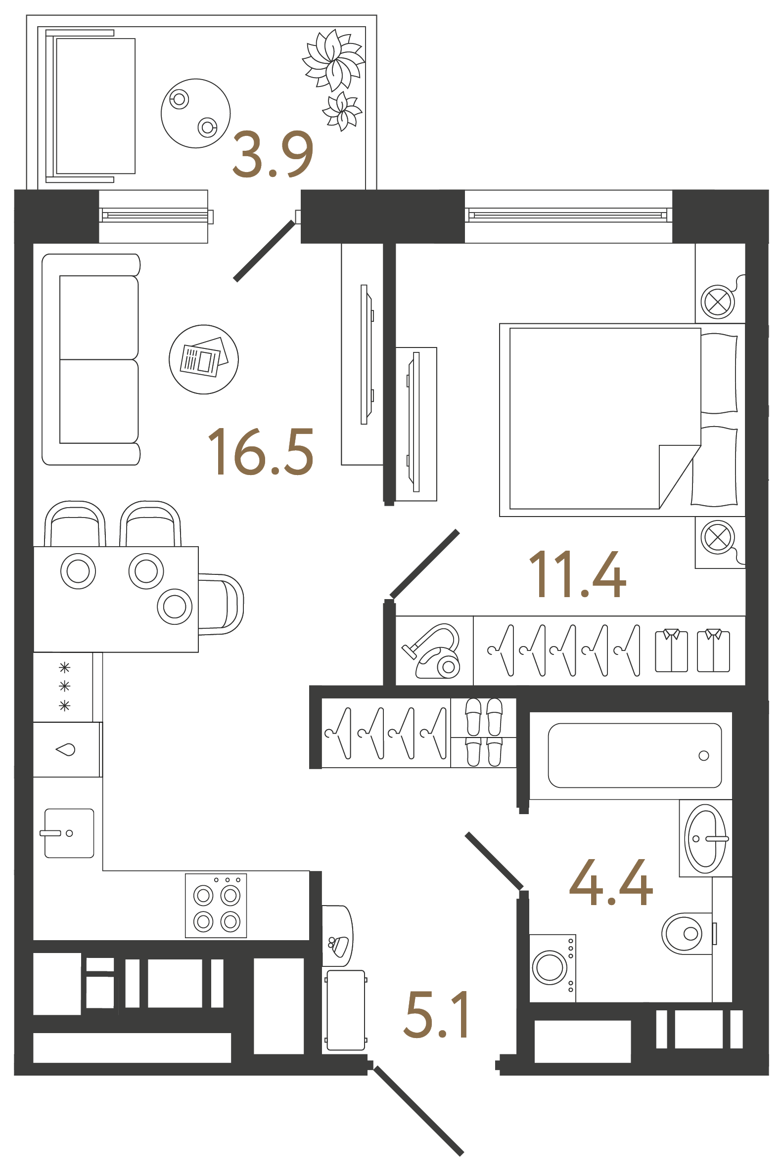 Однокомнатная квартира 37.4 м²
