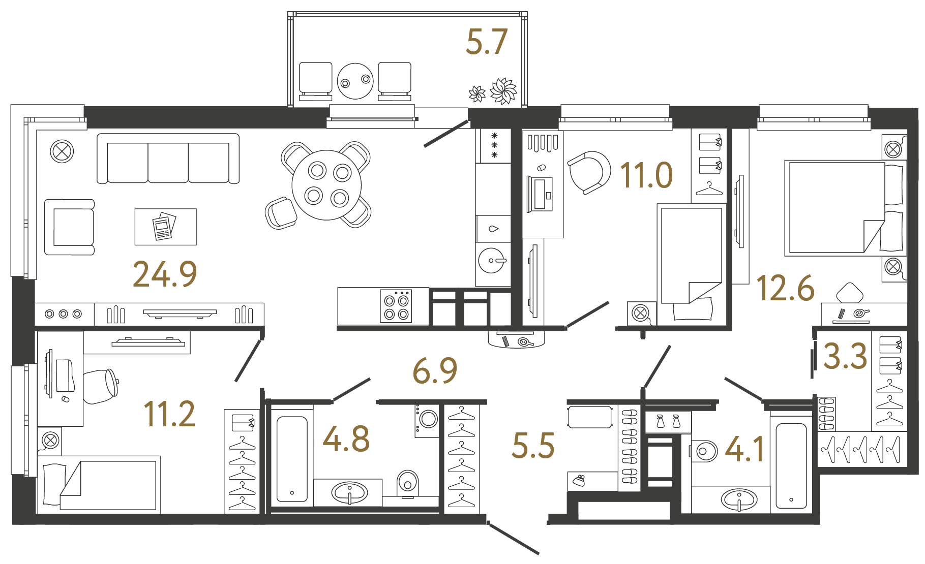 Трёхкомнатная квартира 84.3 м²