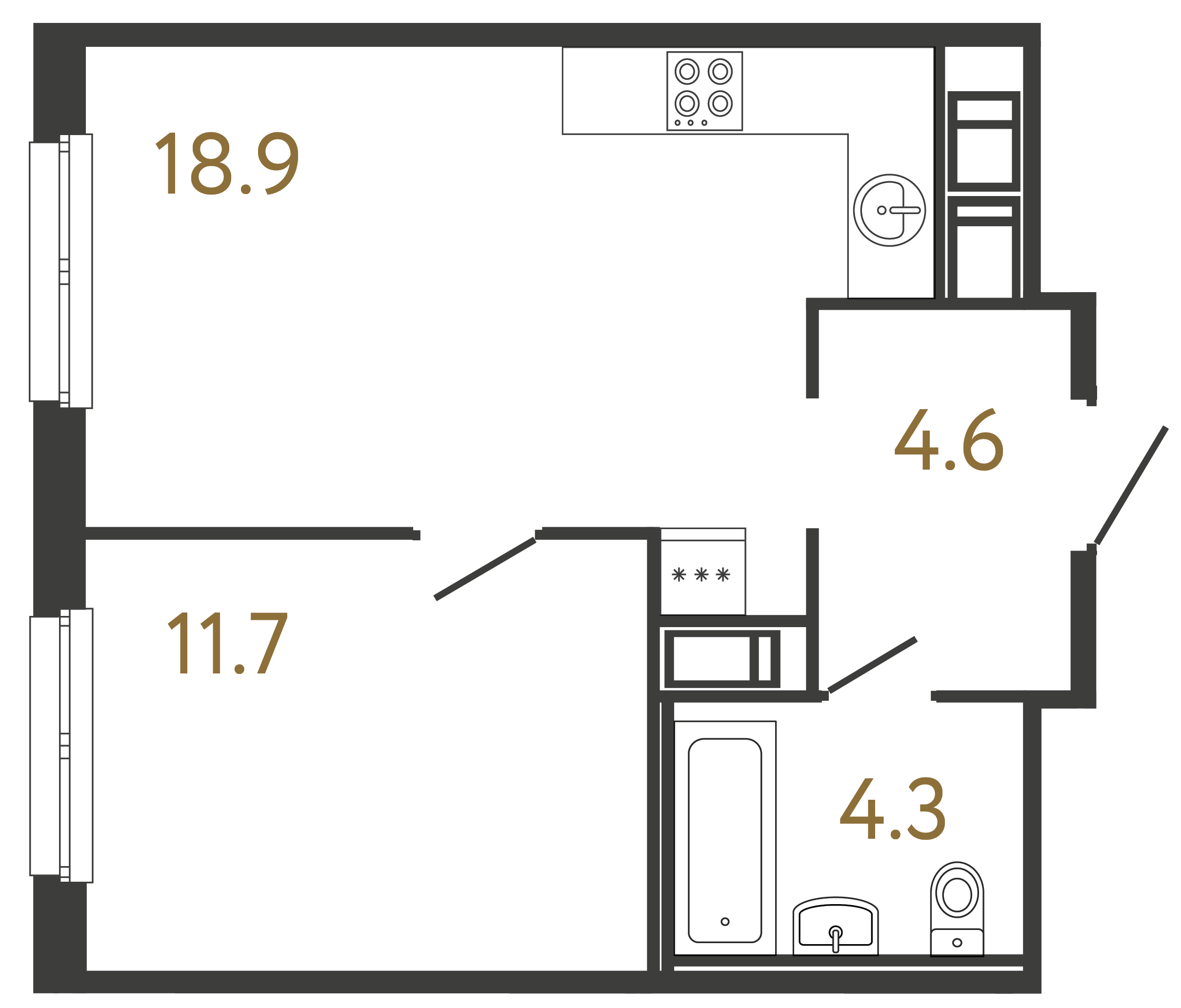 Однокомнатная квартира 39.5 м²