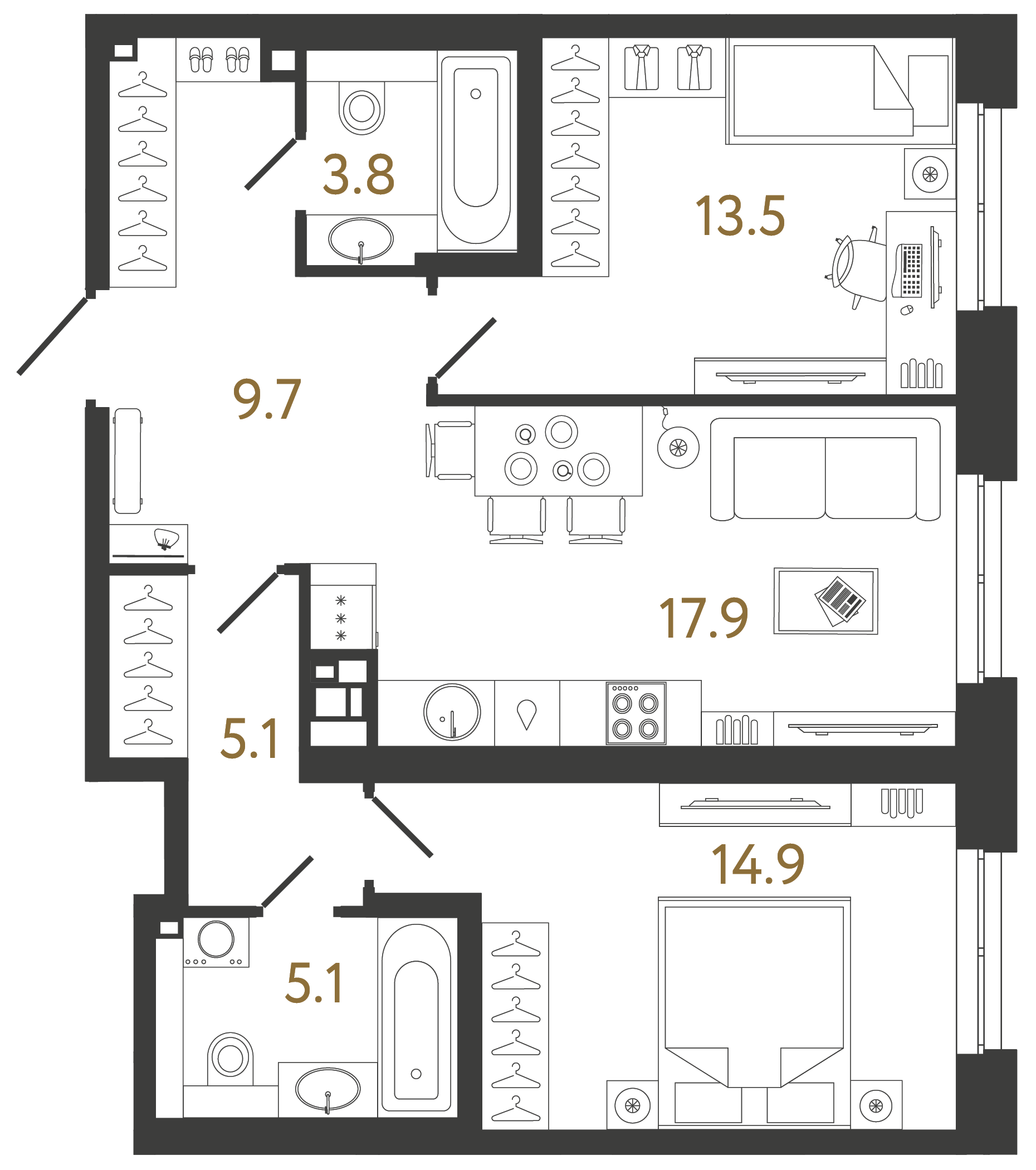 Двухкомнатная квартира 70 м²