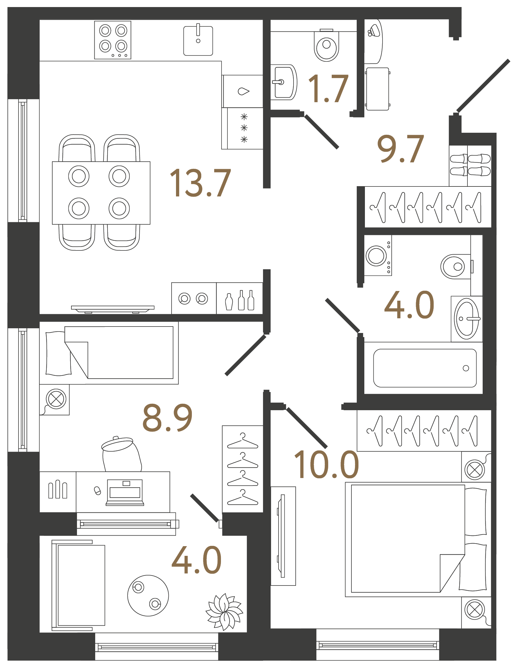 Двухкомнатная квартира 48 м²