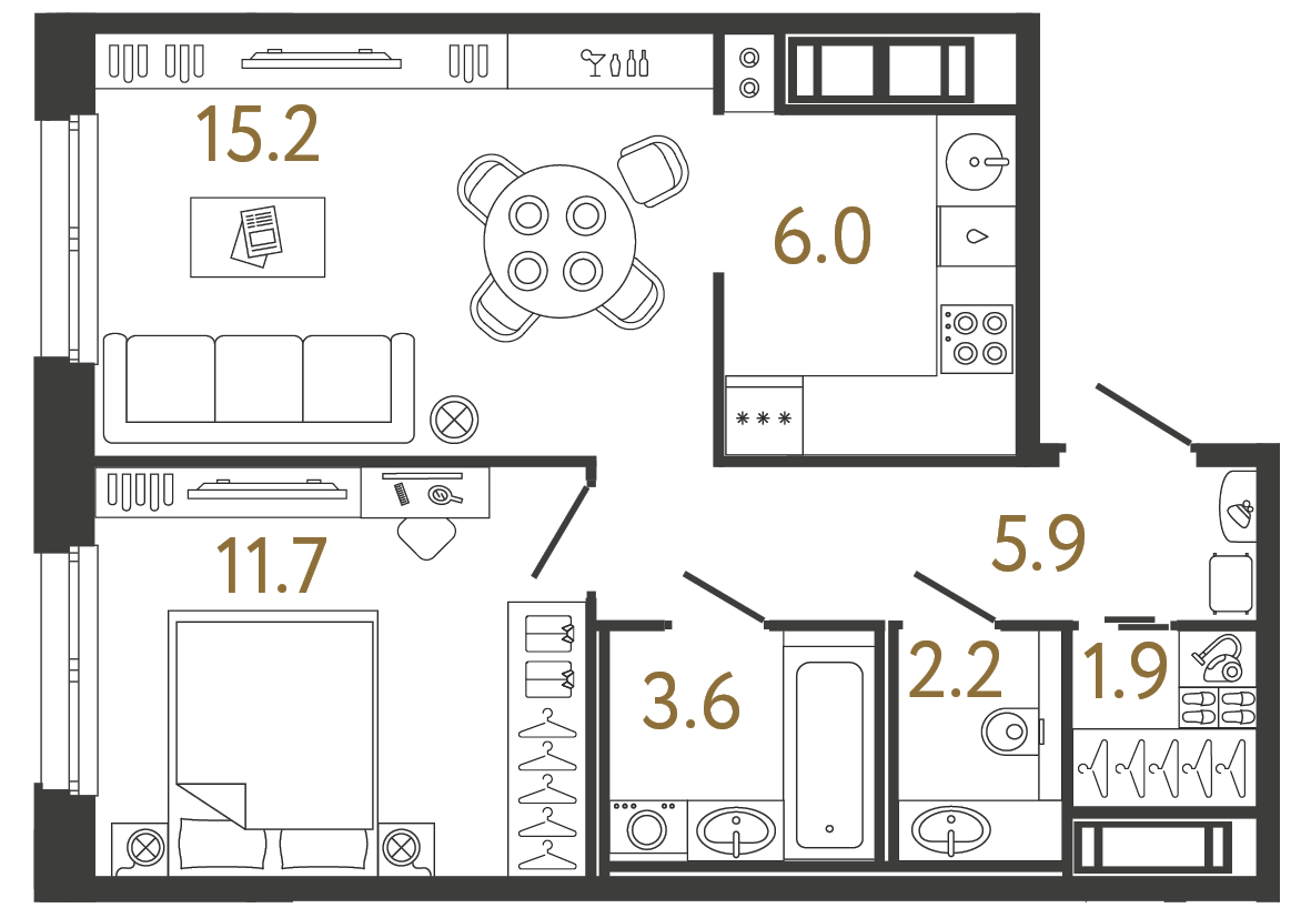 Однокомнатная квартира 46.5 м²