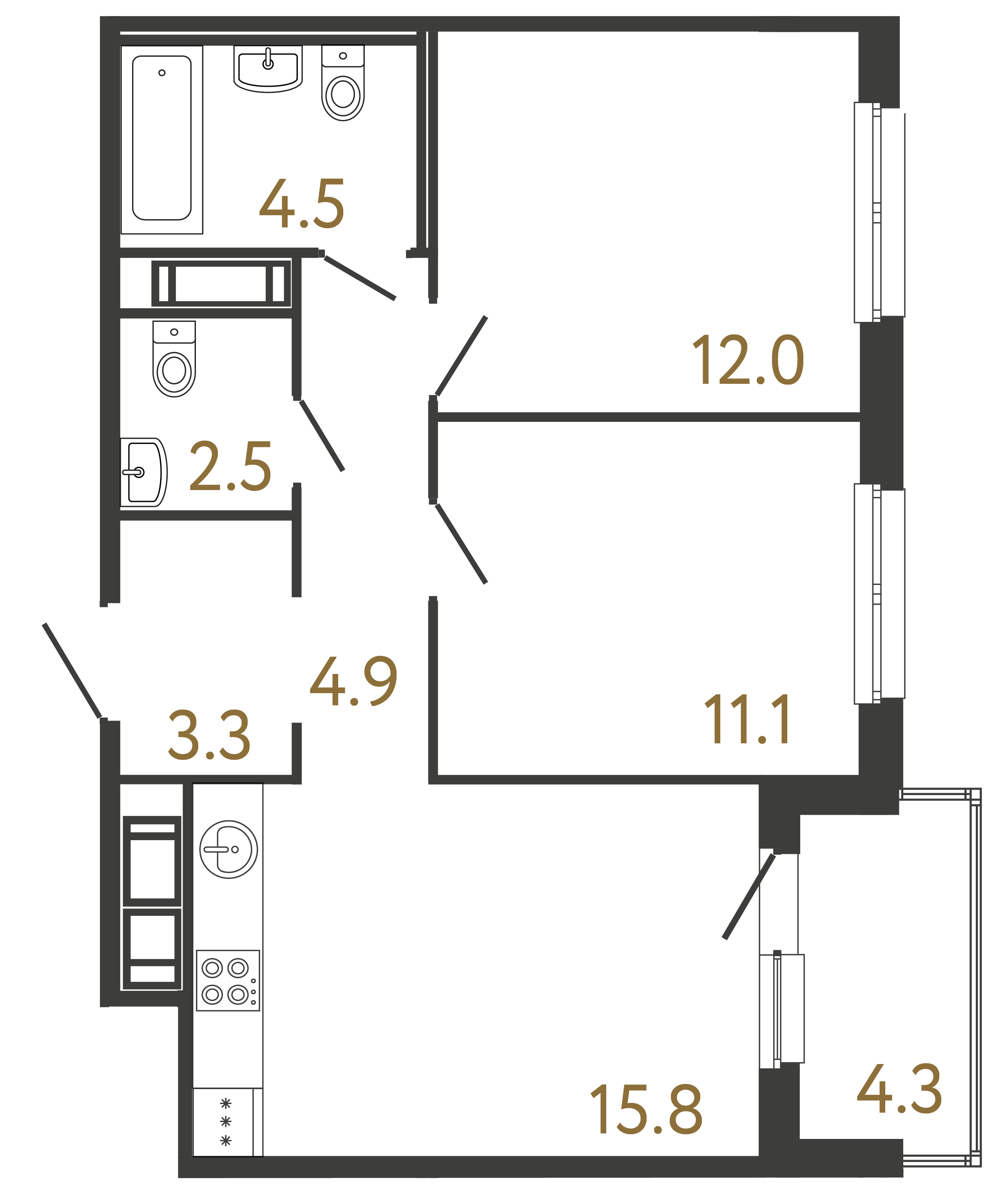 Двухкомнатная квартира 54.1 м²
