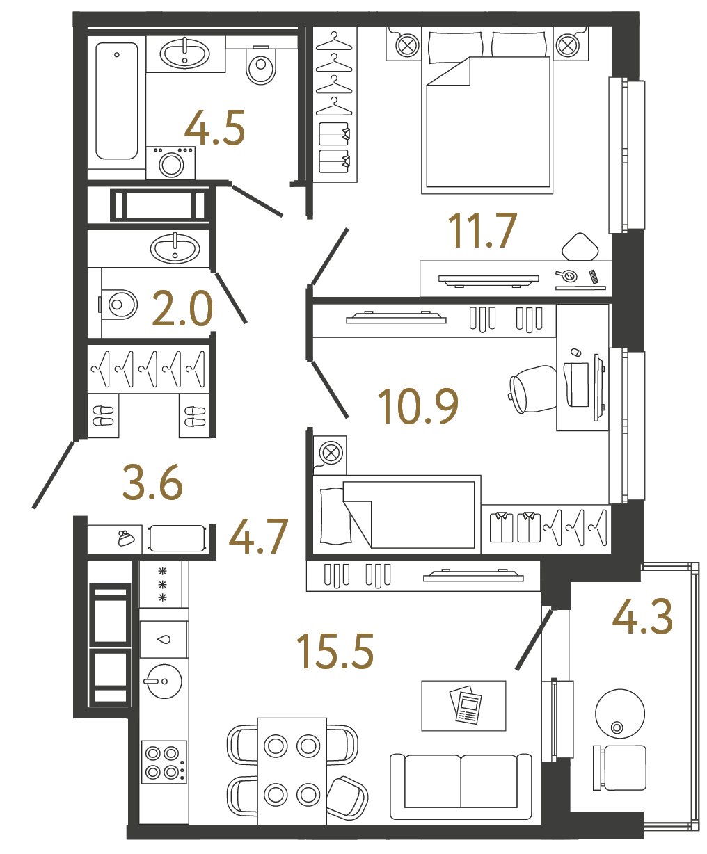 Двухкомнатная квартира 52.9 м²