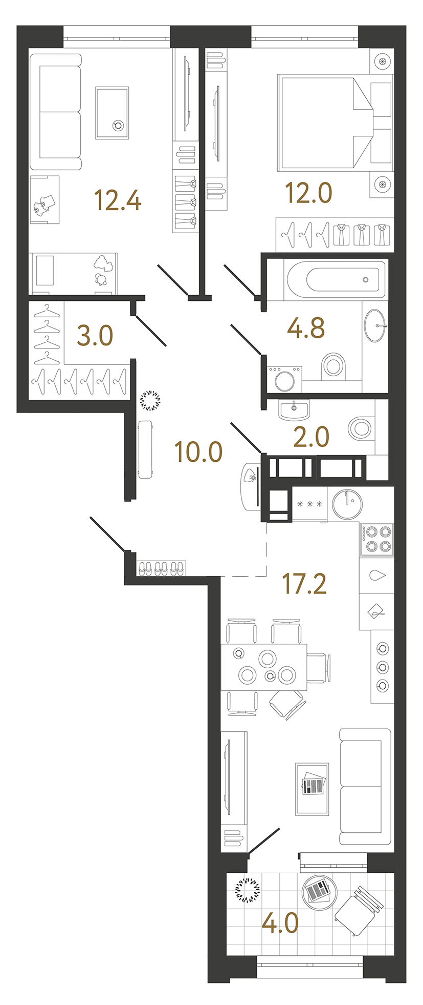 Двухкомнатная квартира 61.4 м²