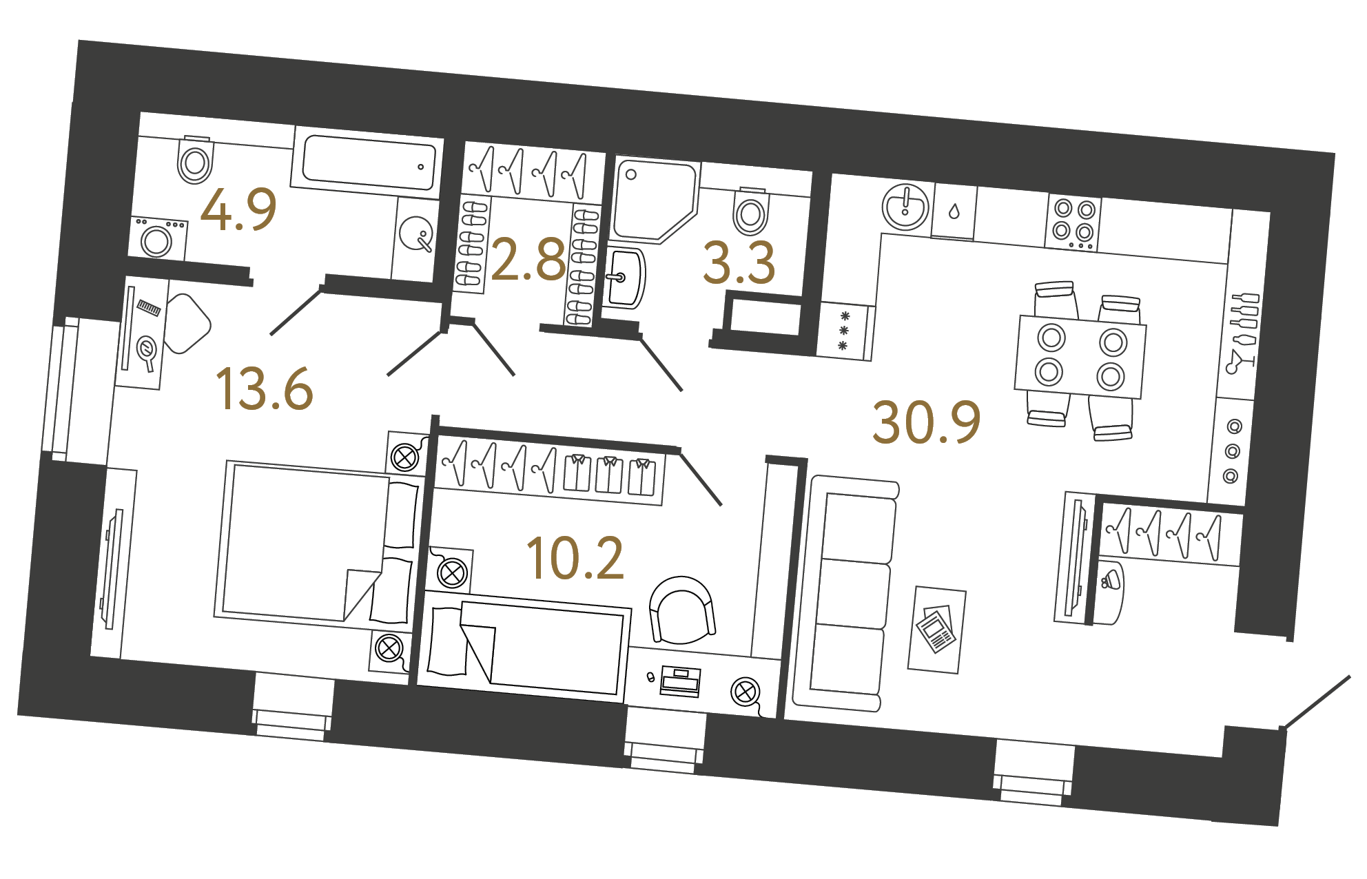 Двухкомнатные апартаменты 65.7 м²