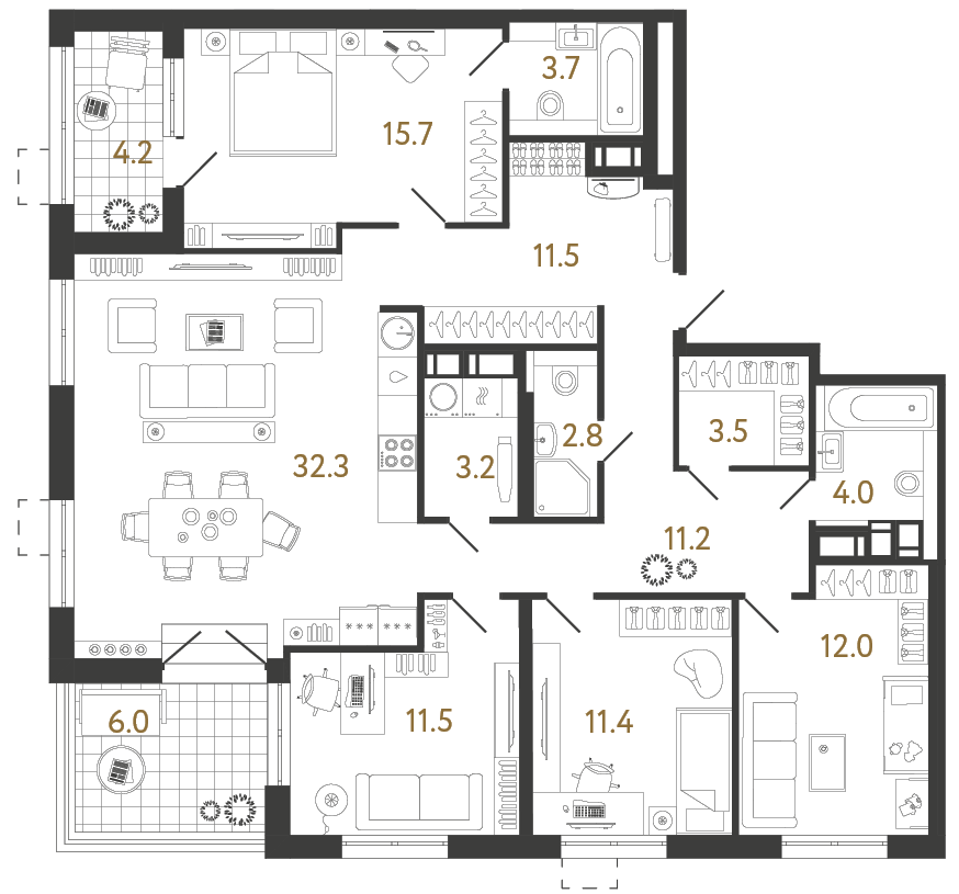 Четырехкомнатная квартира 122.8 м²