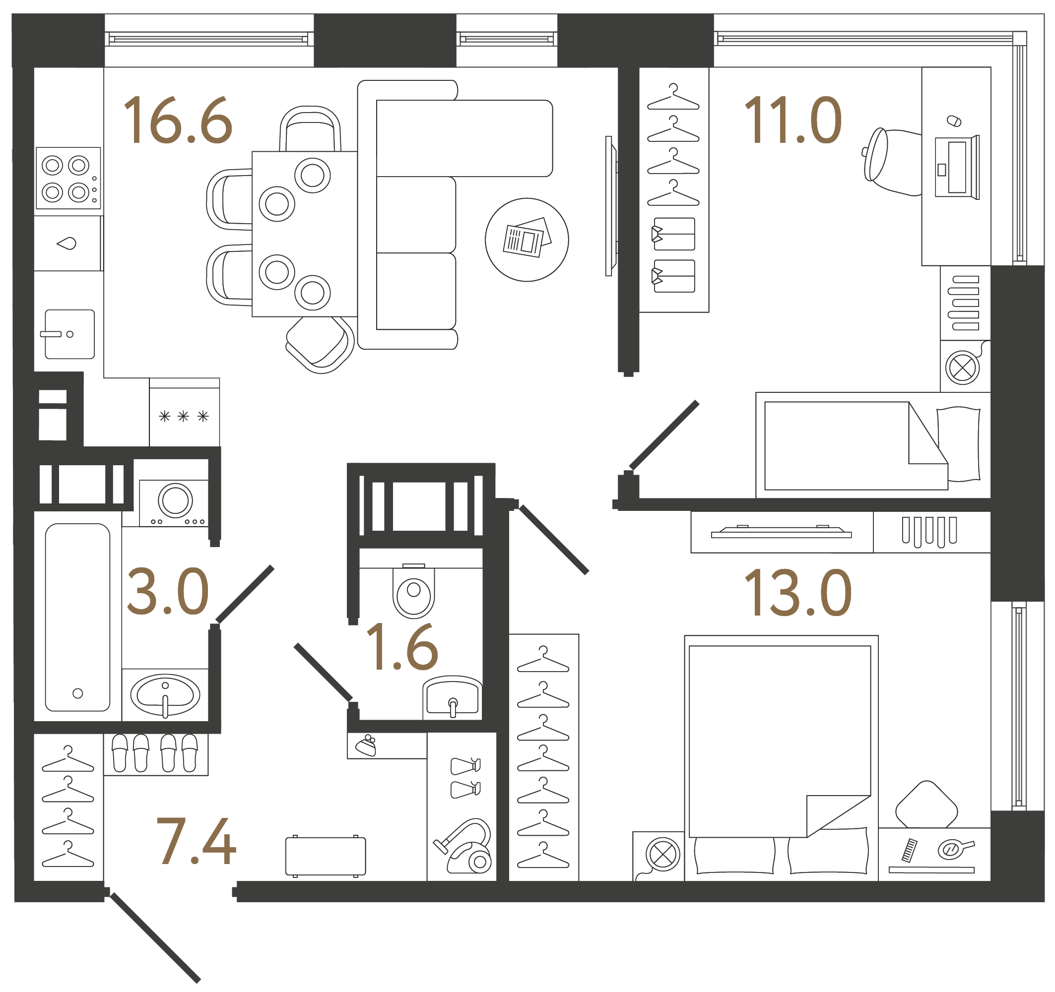 Двухкомнатная квартира 52.6 м²