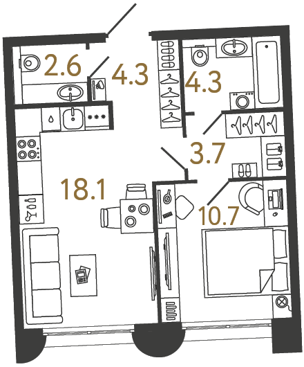 1-комнатная 43.7 м², 1 этаж