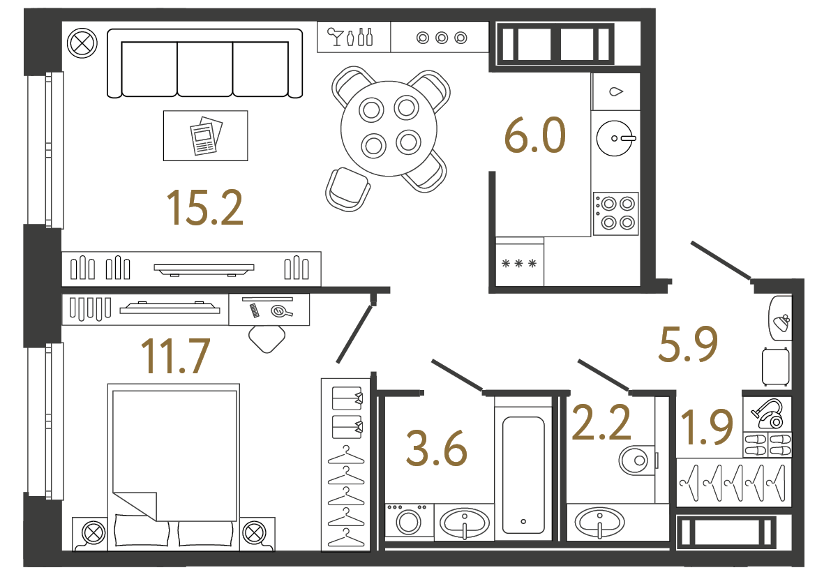 Однокомнатная квартира 46.5 м²