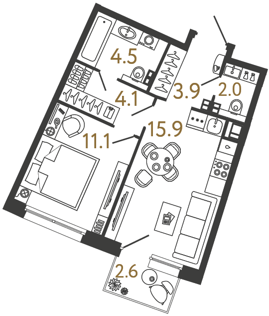 Однокомнатная квартира №94 в ЖК Цвет Зеленогорска - 41.5 м²