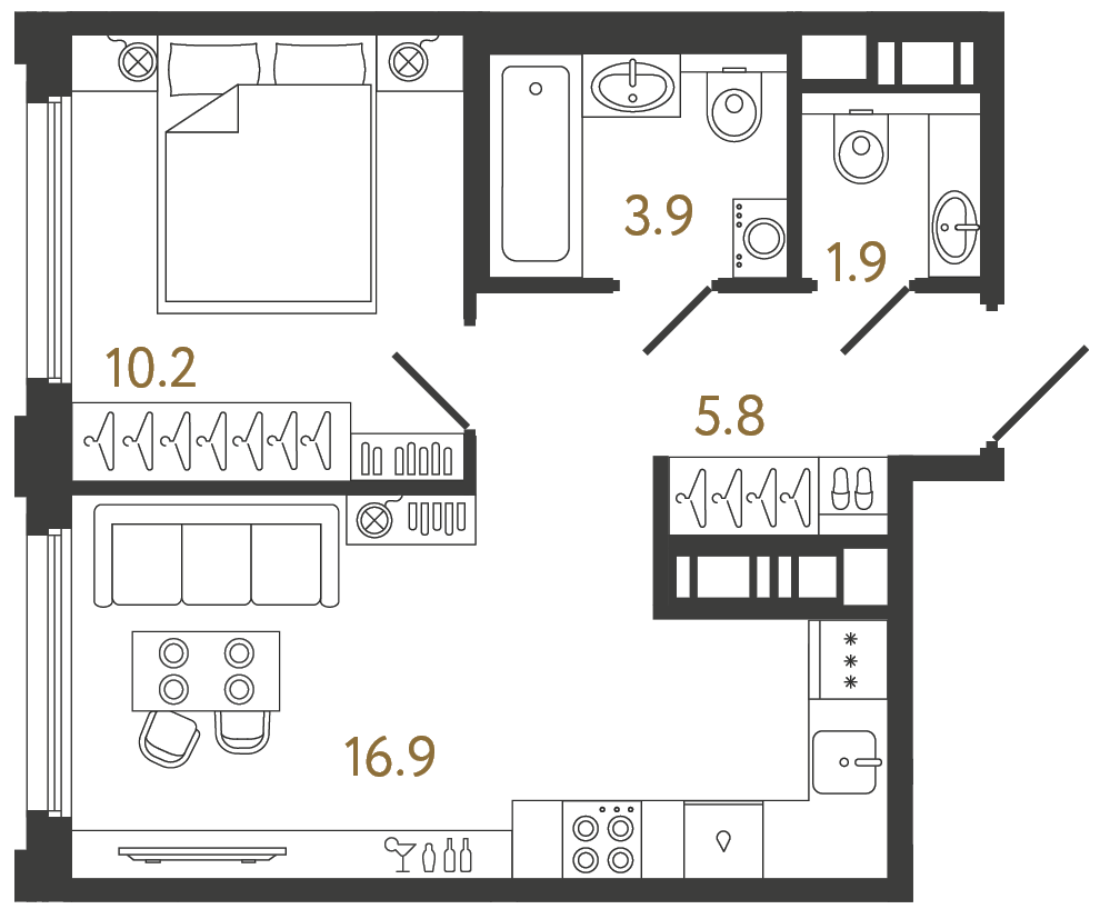 Однокомнатная квартира 38.7 м²