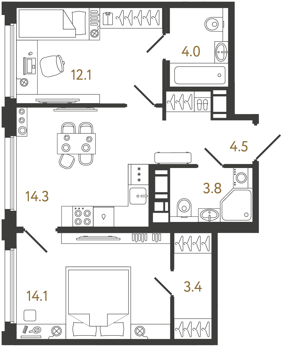 Двухкомнатная квартира 56.2 м²