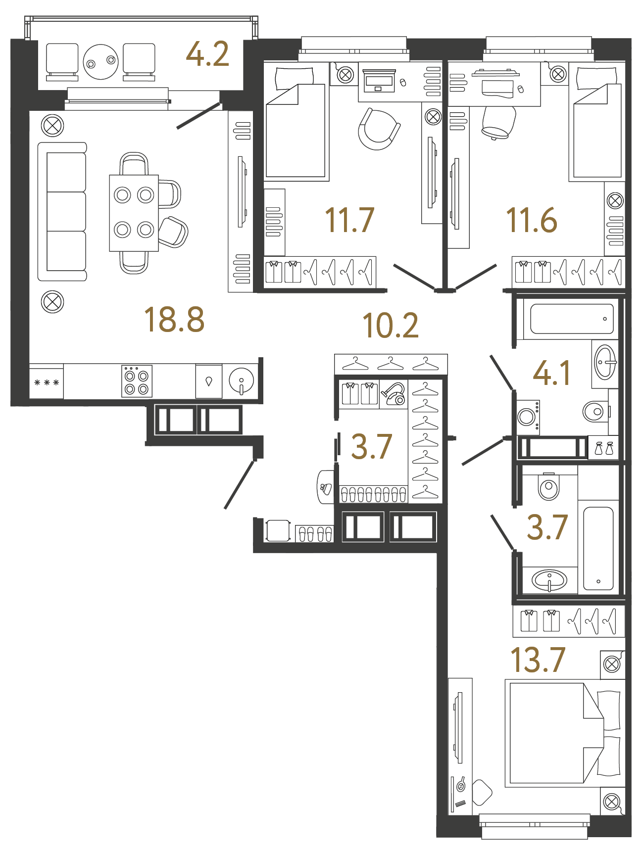 Трёхкомнатная квартира 77.5 м²
