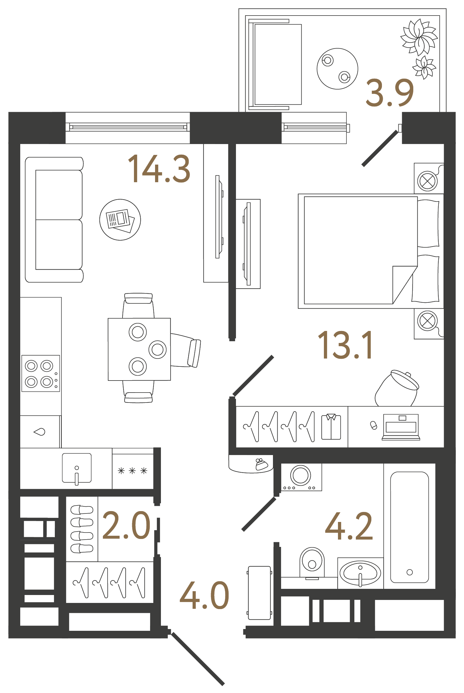 Однокомнатная квартира 37.6 м²