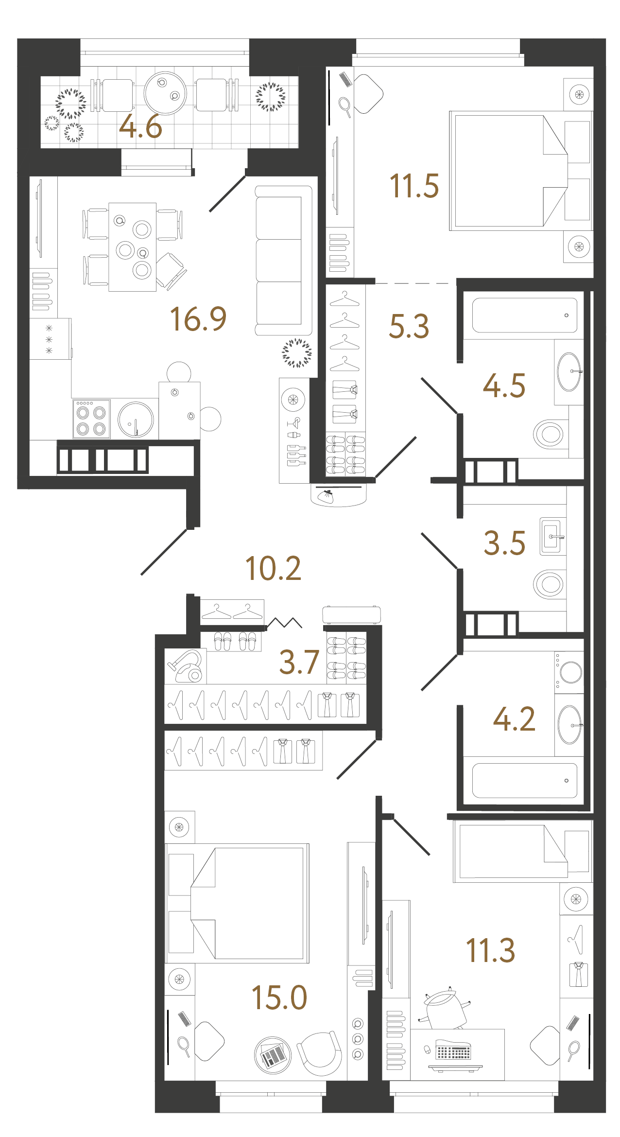 Трёхкомнатная квартира 86.1 м²