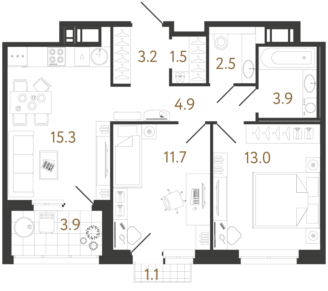 Двухкомнатная квартира 56 м²