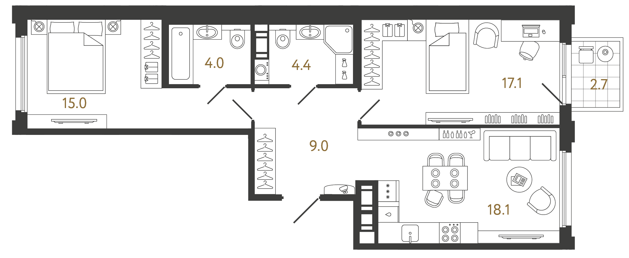 Двухкомнатная квартира 67.6 м²
