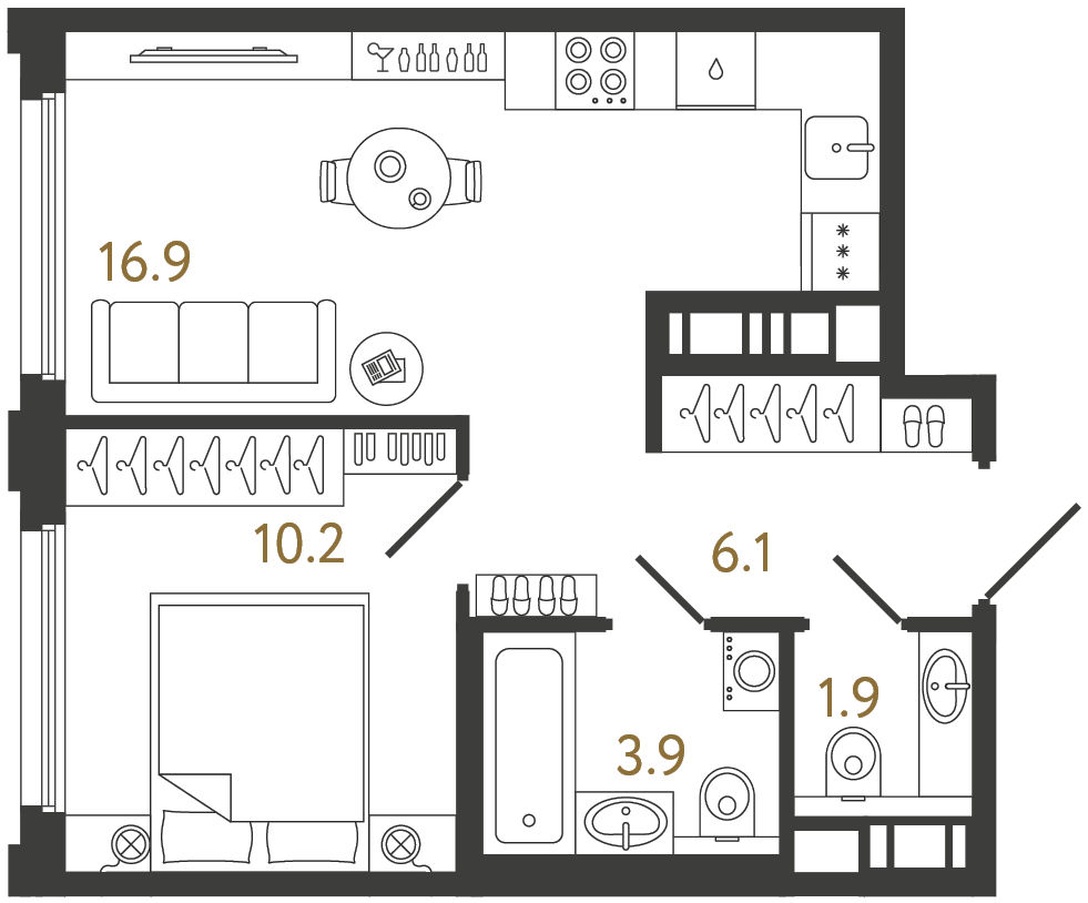 Однокомнатная квартира 39 м²