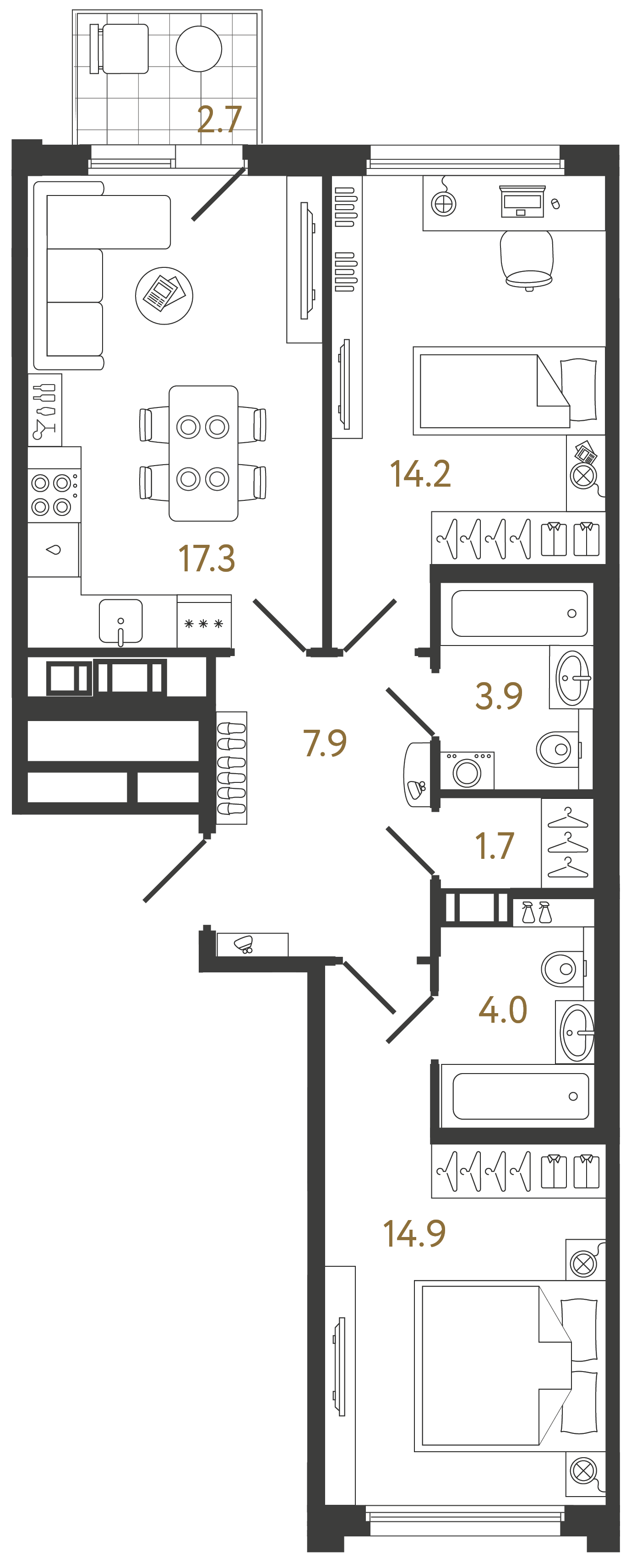 Двухкомнатная квартира 63.9 м²