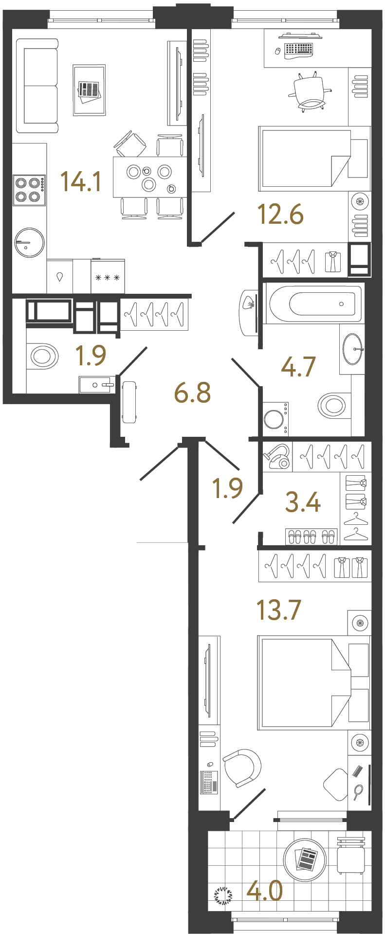 Двухкомнатная квартира 59.1 м²