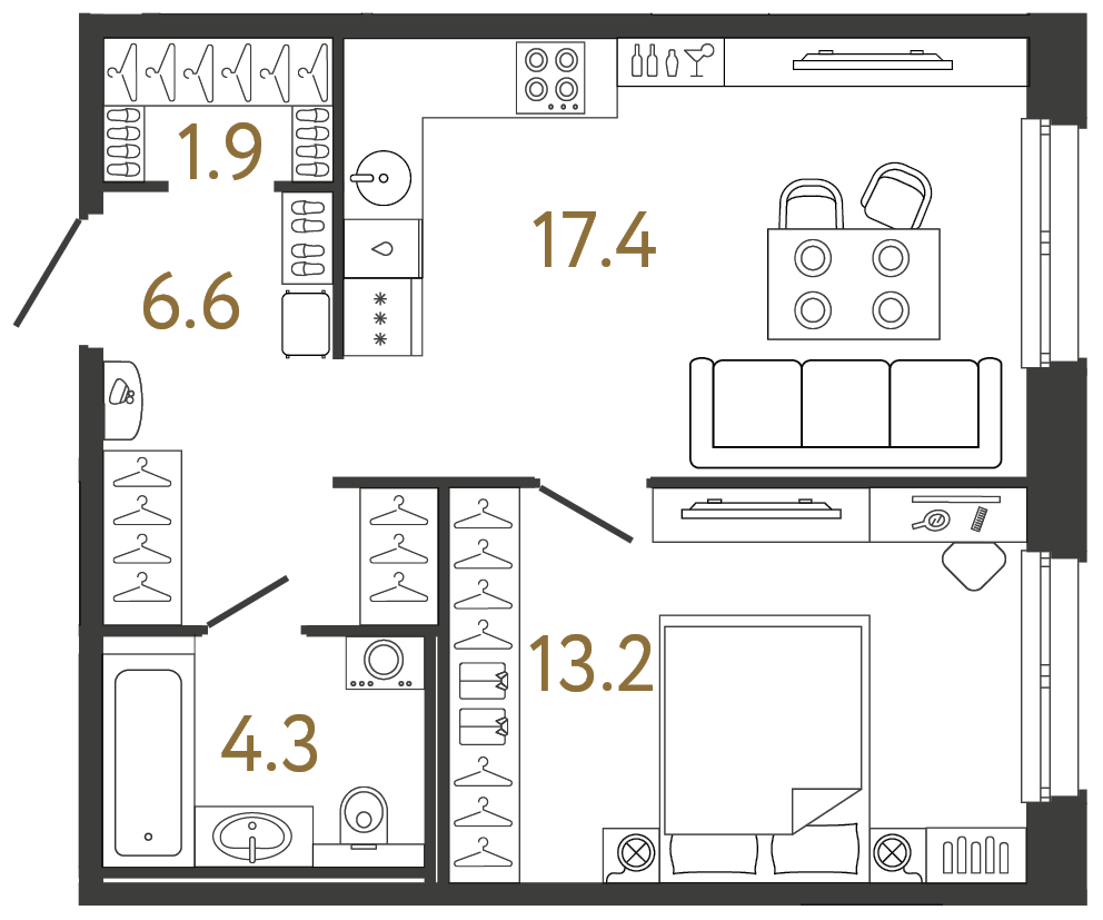 Однокомнатная квартира 43.4 м²