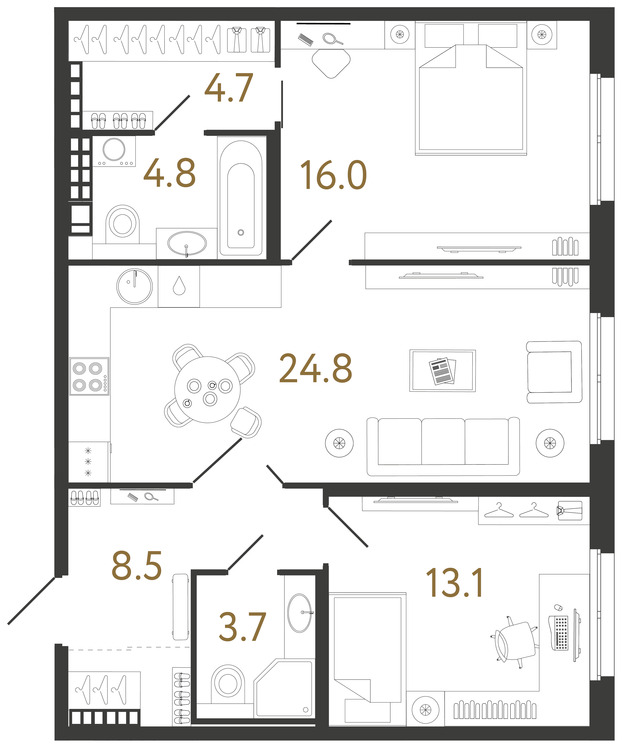 Двухкомнатная квартира 75.6 м²