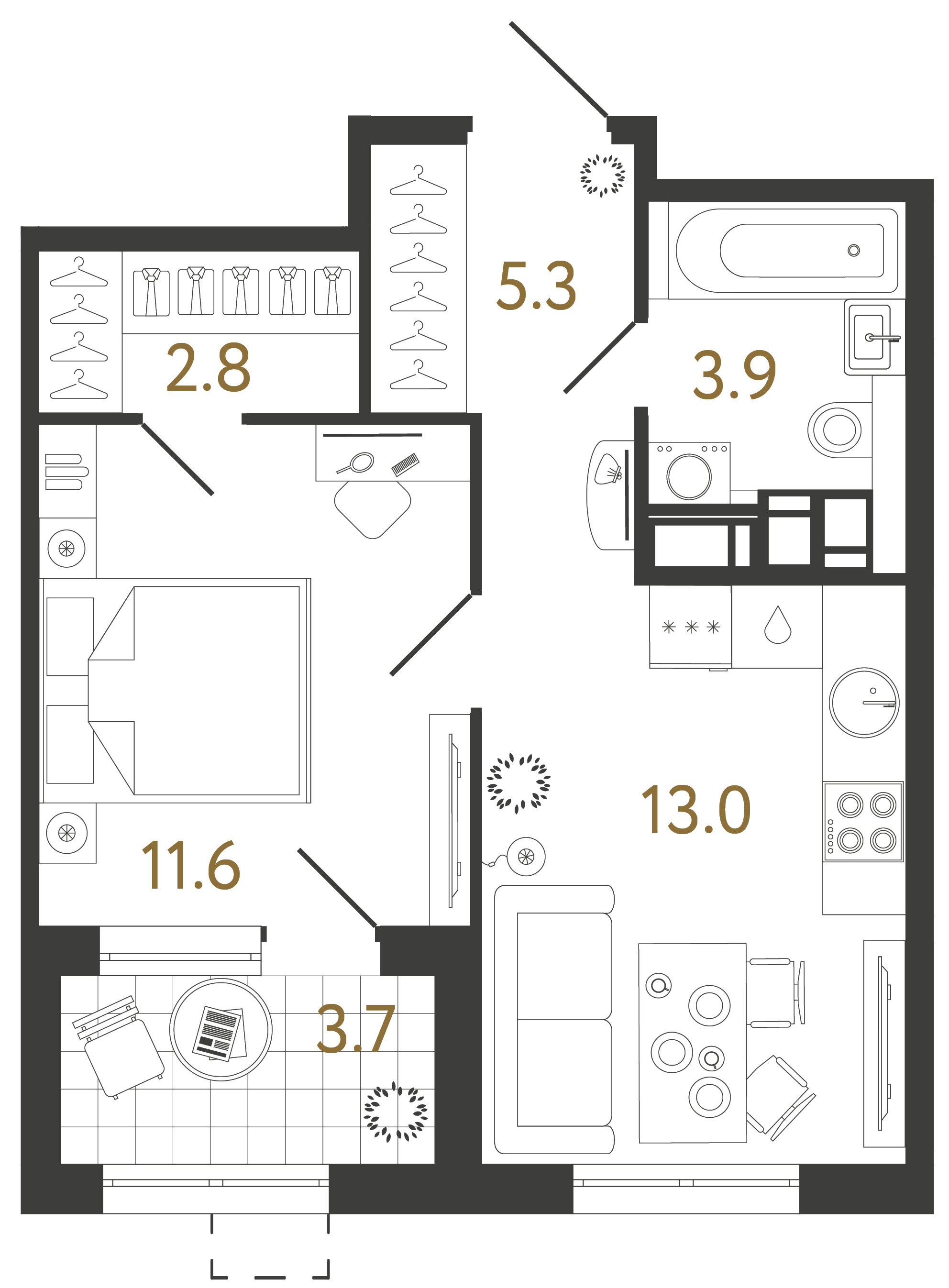 Однокомнатная квартира 36.6 м²
