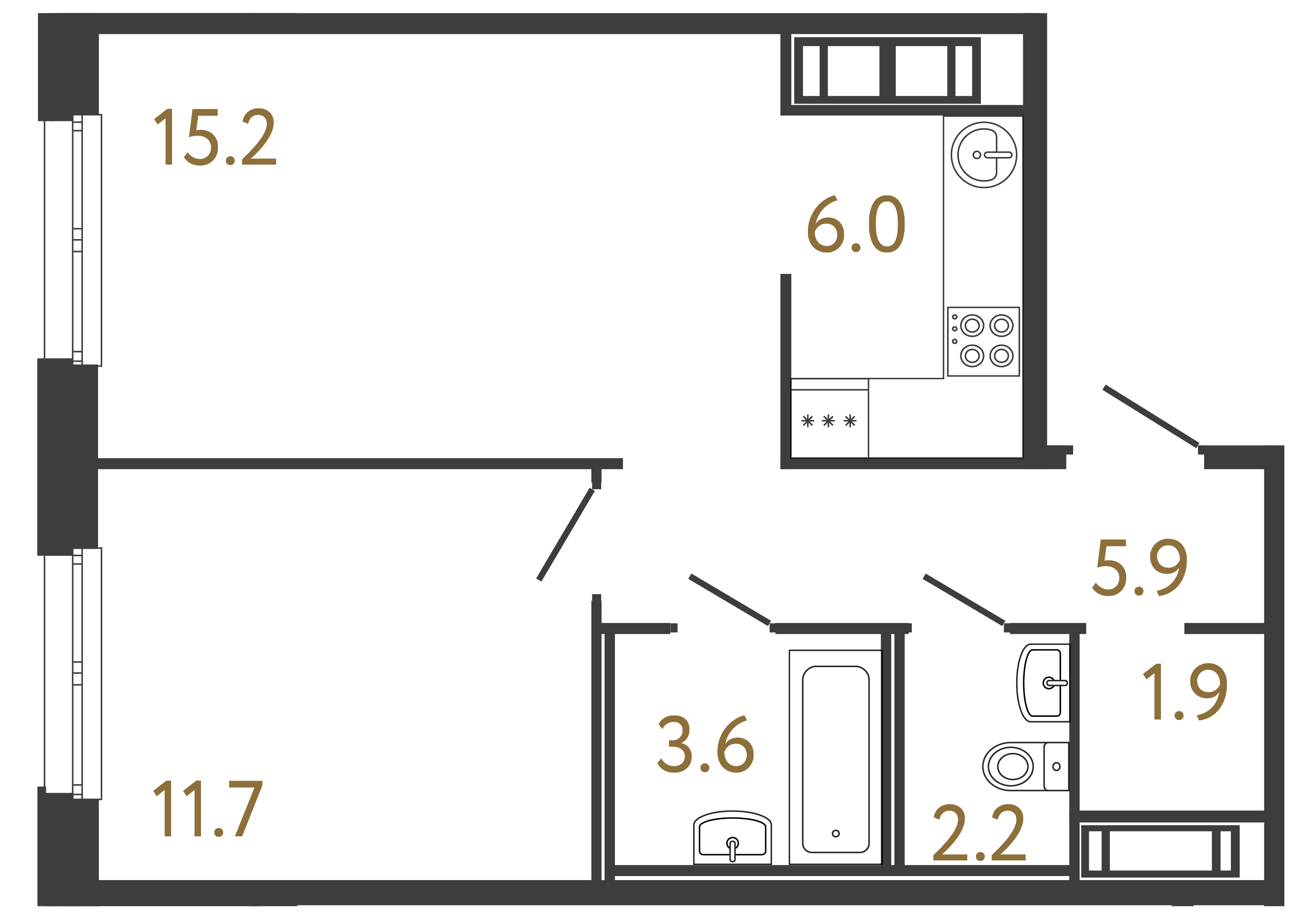Однокомнатная квартира 46.5 м²