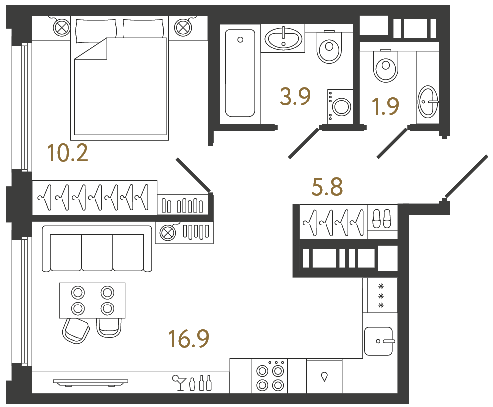 Однокомнатная квартира 38.7 м²