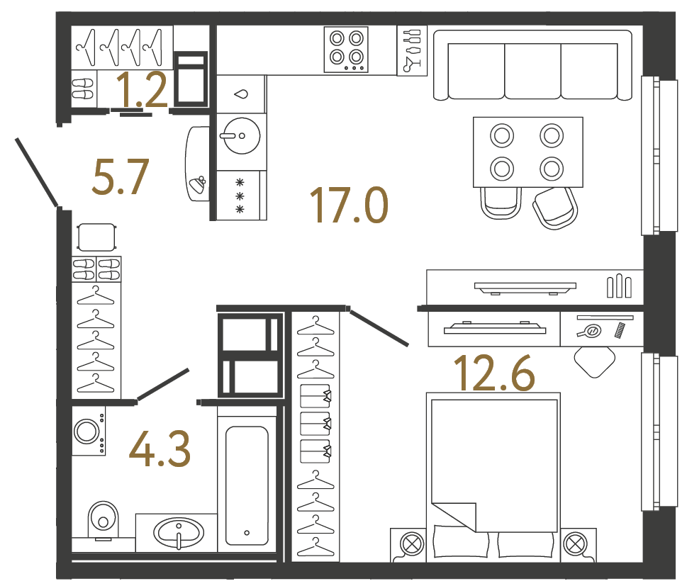 Однокомнатная квартира 40.8 м²