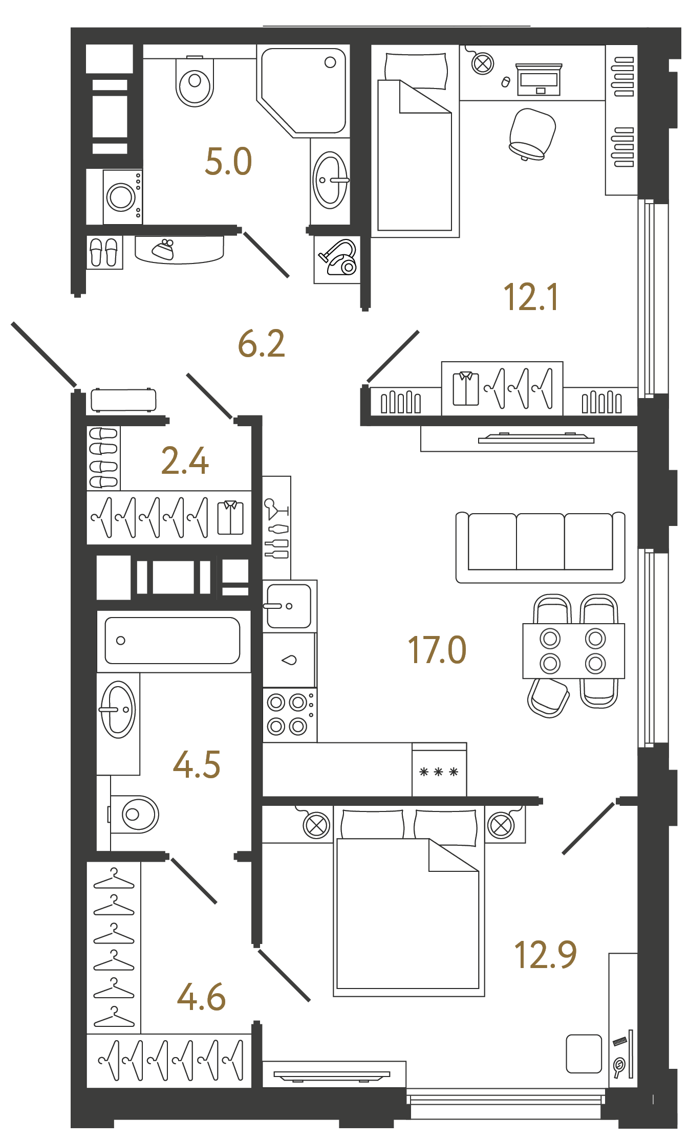 Двухкомнатная квартира 64.7 м²