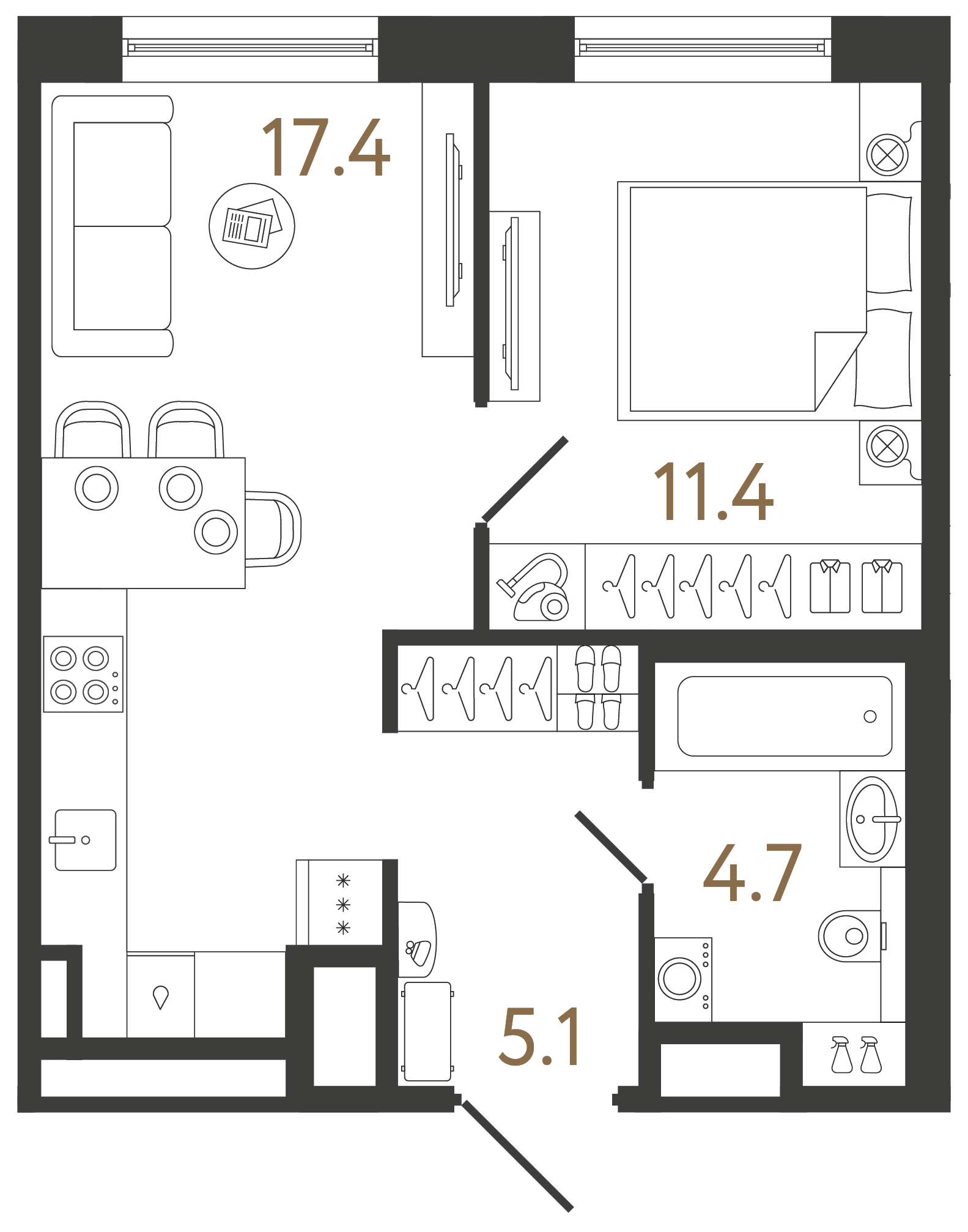 Однокомнатная квартира 38.6 м²