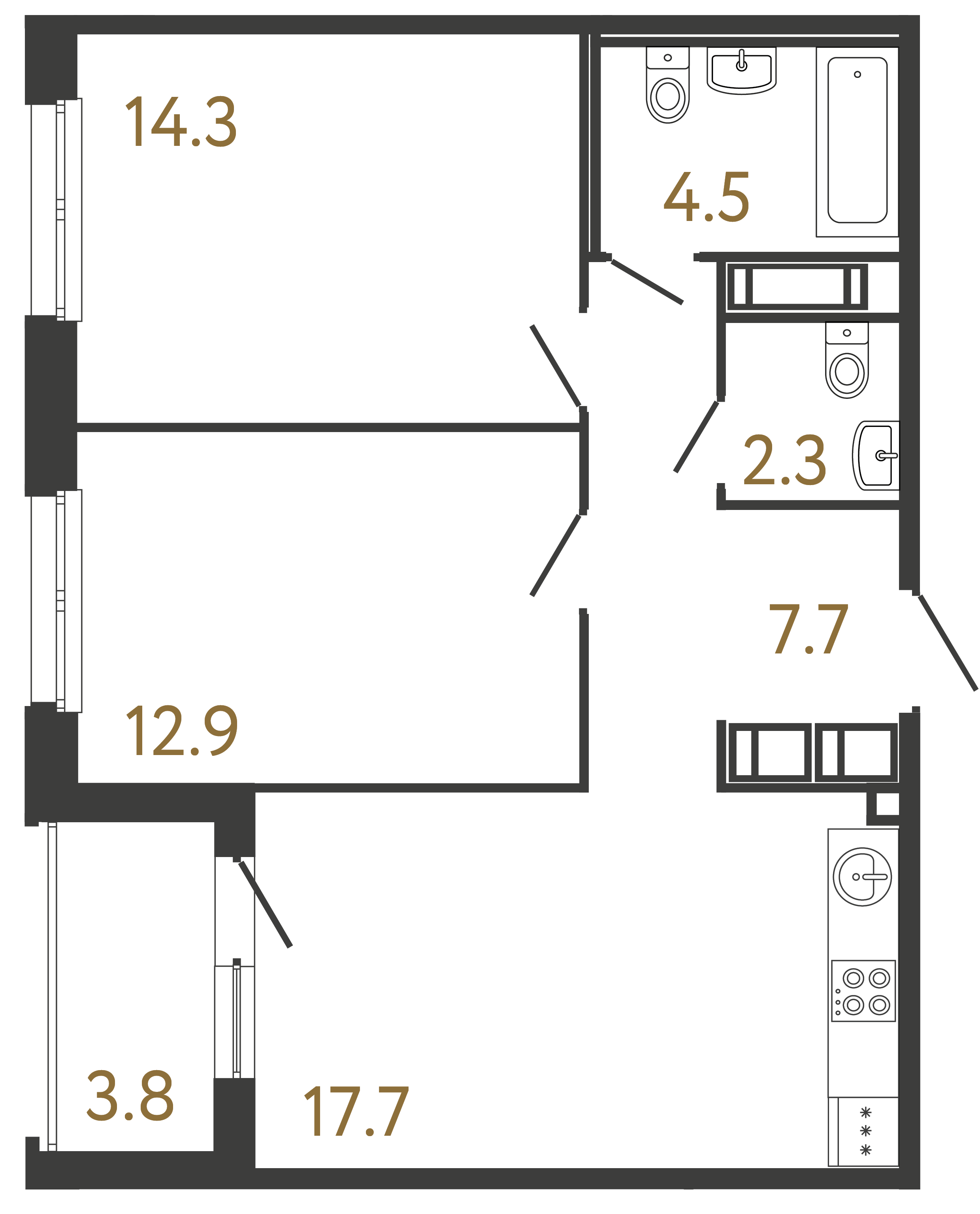 Двухкомнатная квартира 59.4 м²