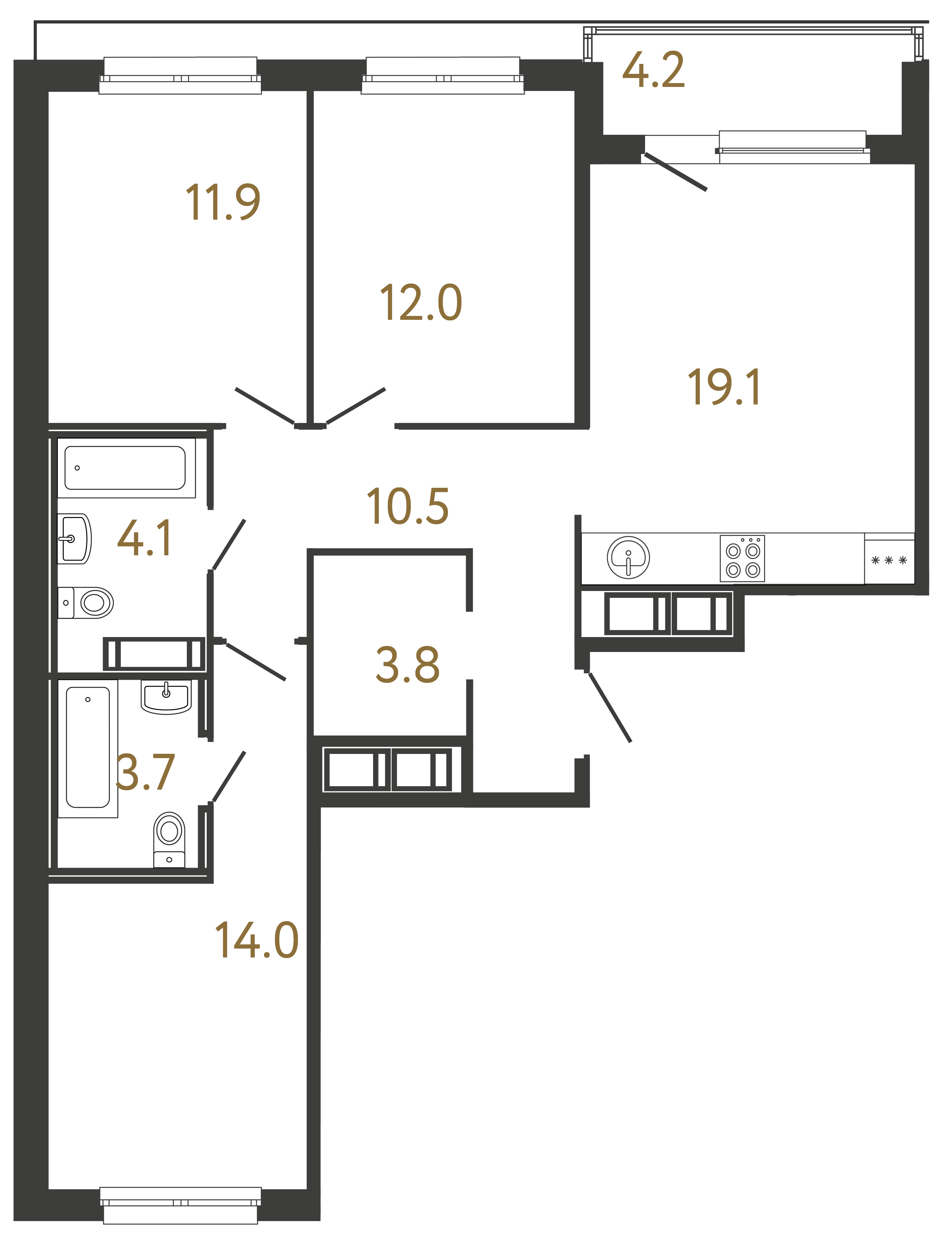 Трёхкомнатная квартира 79.1 м²