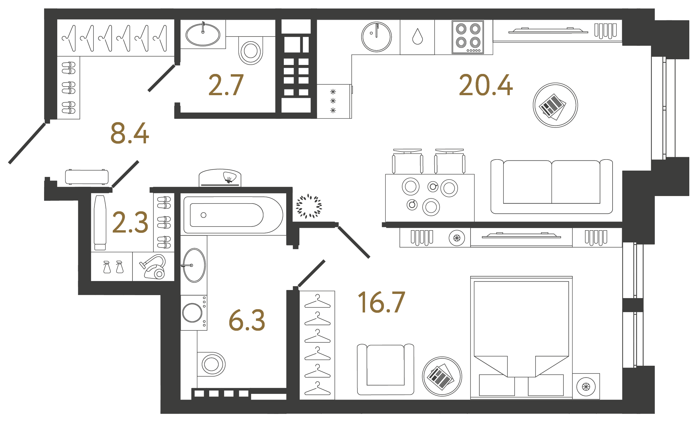 Однокомнатная квартира 56.8 м²