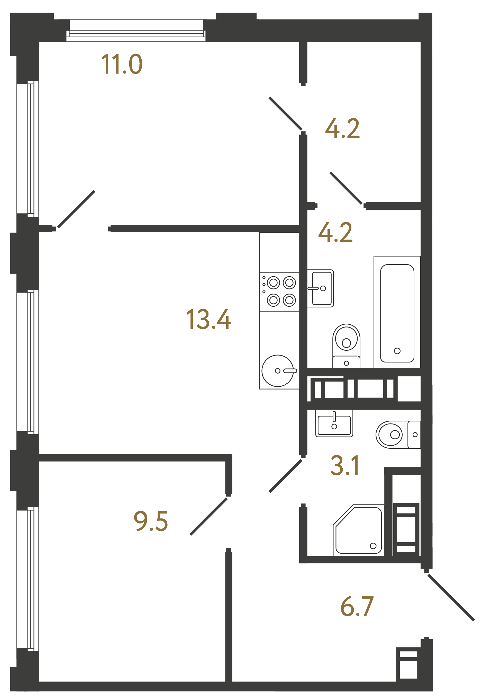 Двухкомнатная квартира 52.1 м²